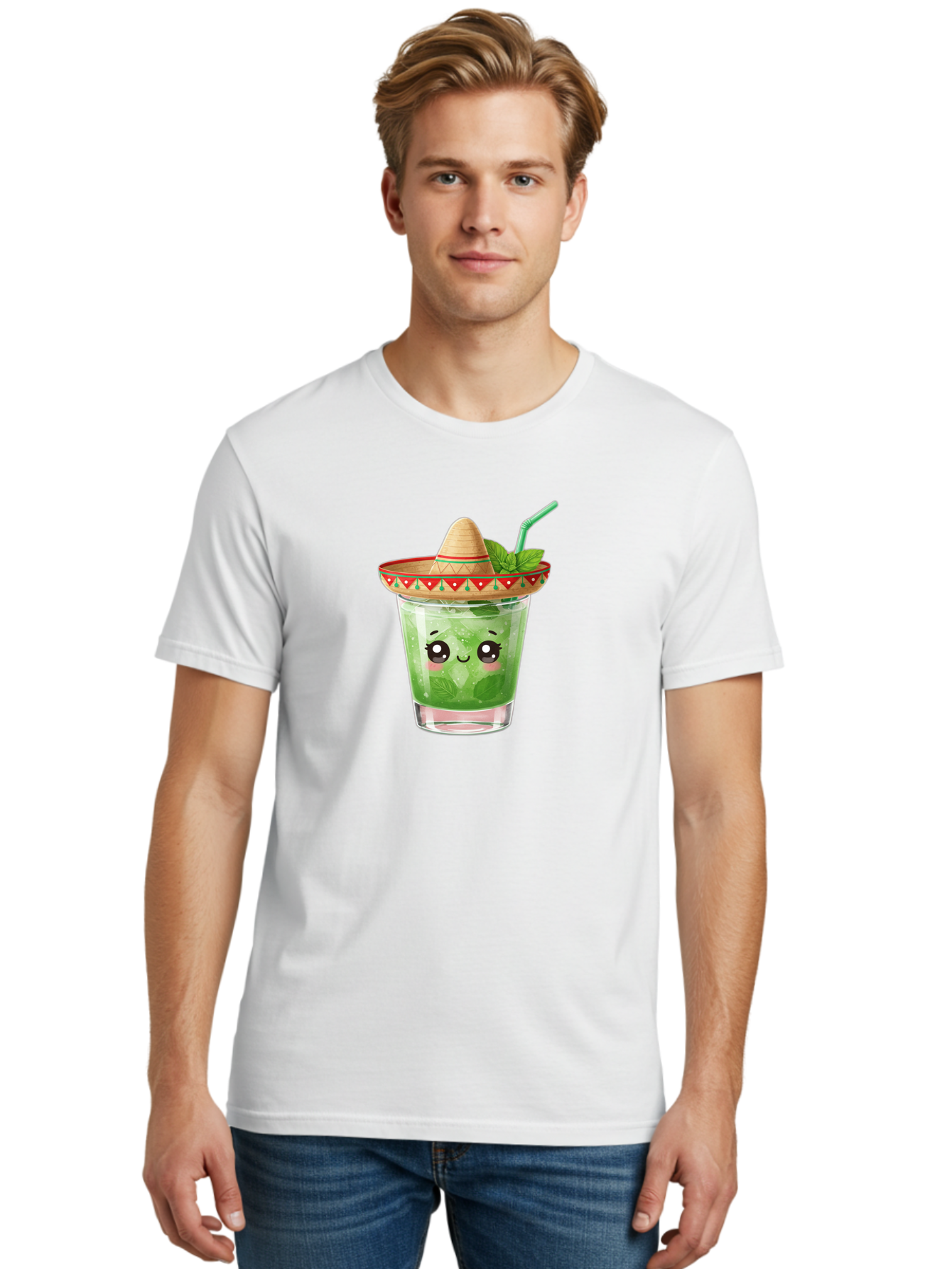 Mojito-With-Sombrero Men'S Graphic Tee, 100% Cotton, Comfortable Casual Summer Wear, Machine Washable, Mojito Cocktail, Refreshing Drink, Mint Leaves, Cute Face, Straw, Sombrero Hat, Festive Vibe, Cartoon Style, Fun Illustration, Summer Drink Bad332