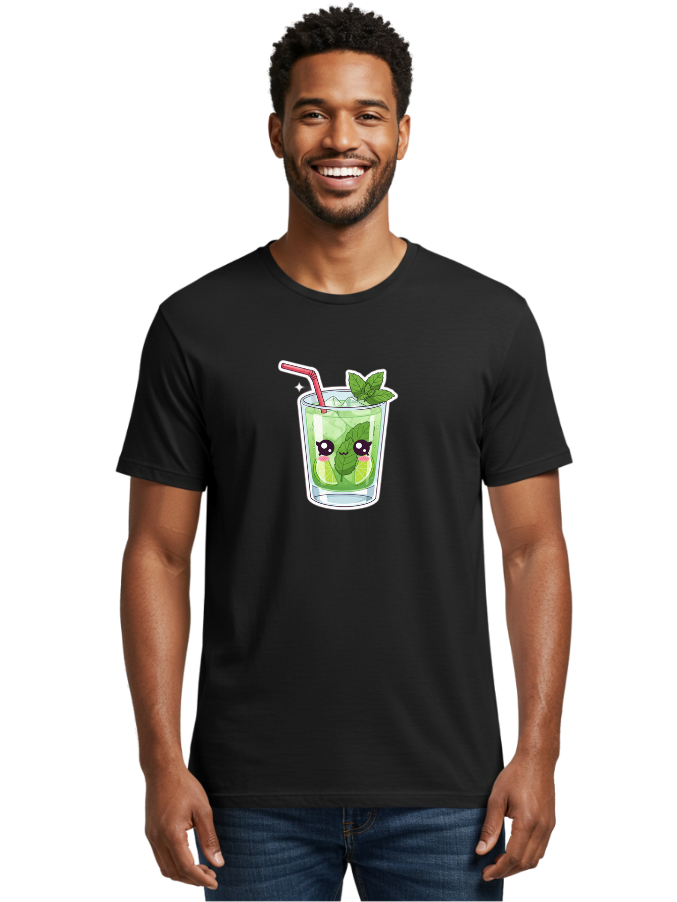 Mojito Men'S Graphic Tee, 100% Cotton, Comfortable Casual Summer Wear, Machine Washable, Mojito Cocktail, Refreshing Drink, Lime Wedges, Mint Leaves, Cartoon Style, Cute Characters, Summer Vibes, Pink Straw, Fun Illustration, Kawaii Design, Bad333