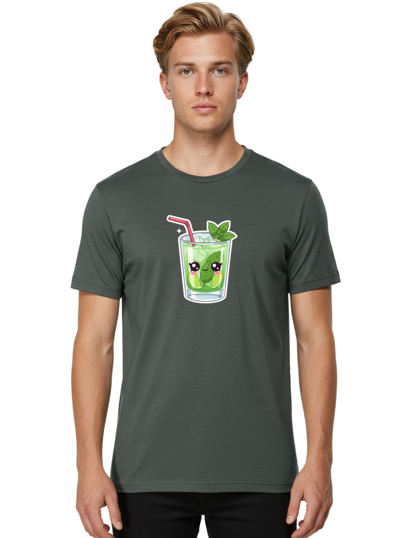 Mojito Men'S Graphic Tee, 100% Cotton, Comfortable Casual Summer Wear, Machine Washable, Mojito Cocktail, Refreshing Drink, Lime Wedges, Mint Leaves, Cartoon Style, Cute Characters, Summer Vibes, Pink Straw, Fun Illustration, Kawaii Design, Bad333