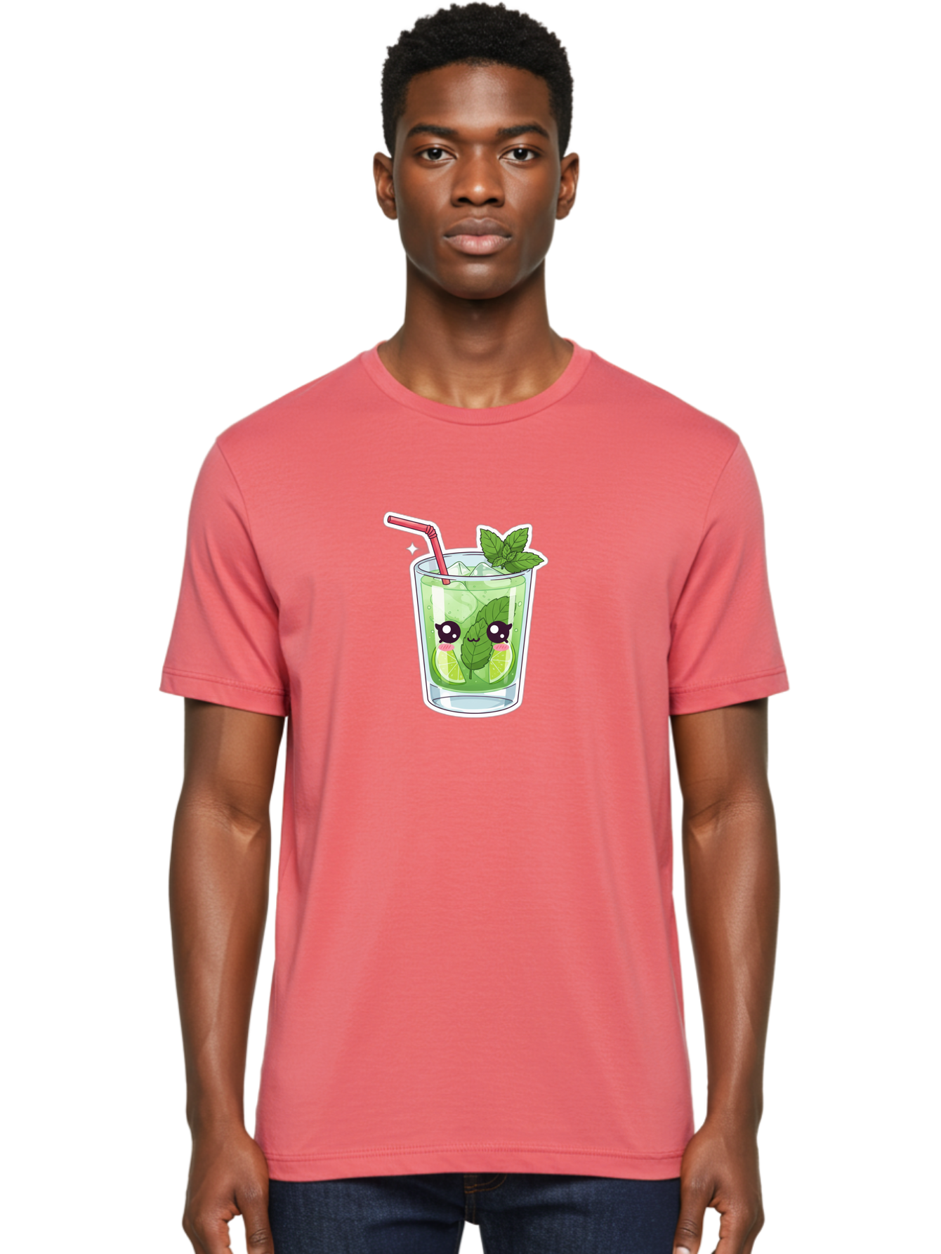 Mojito Men'S Graphic Tee, 100% Cotton, Comfortable Casual Summer Wear, Machine Washable, Mojito Cocktail, Refreshing Drink, Lime Wedges, Mint Leaves, Cartoon Style, Cute Characters, Summer Vibes, Pink Straw, Fun Illustration, Kawaii Design, Bad333