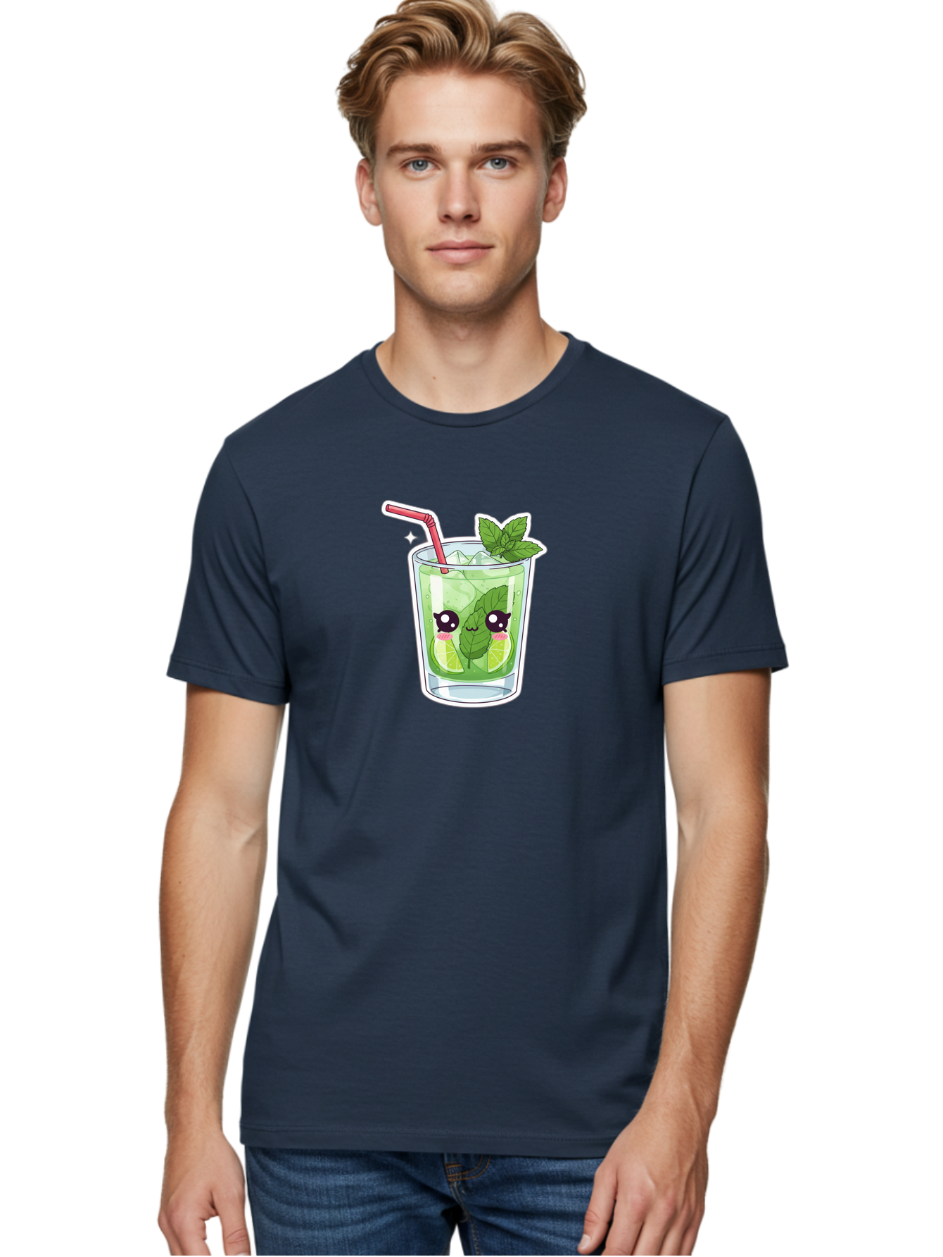 Mojito Men'S Graphic Tee, 100% Cotton, Comfortable Casual Summer Wear, Machine Washable, Mojito Cocktail, Refreshing Drink, Lime Wedges, Mint Leaves, Cartoon Style, Cute Characters, Summer Vibes, Pink Straw, Fun Illustration, Kawaii Design, Bad333