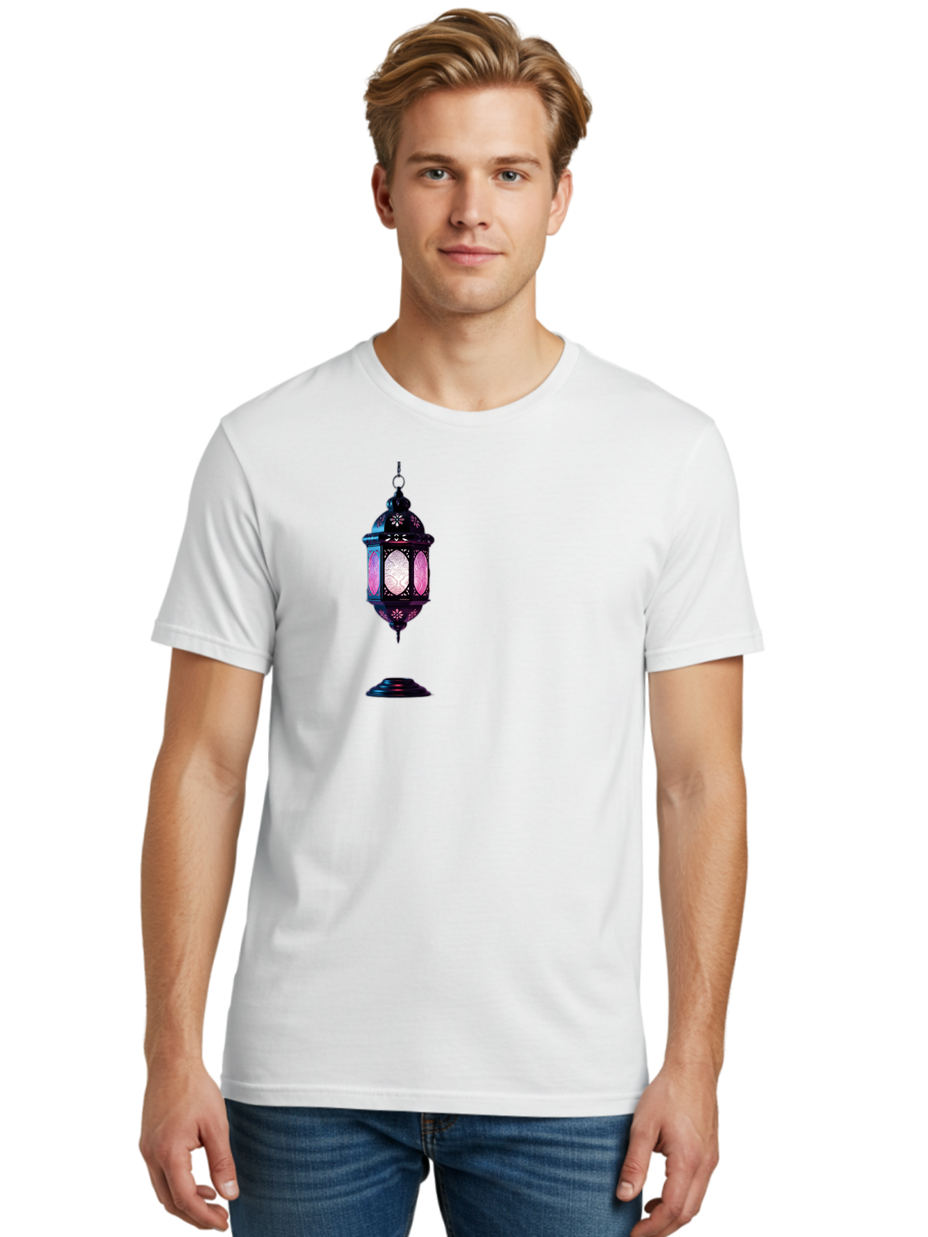 Moroccan-Lantern Men'S Graphic Tee, 100% Cotton, Comfortable Casual Summer Wear, Machine Washable, Islamic Lantern, Hanging Lamp, Intricate Design, Decorative Lighting, Cultural Symbol, Ramadan Decoration, Eid Celebration, Traditional Ornament Bad338