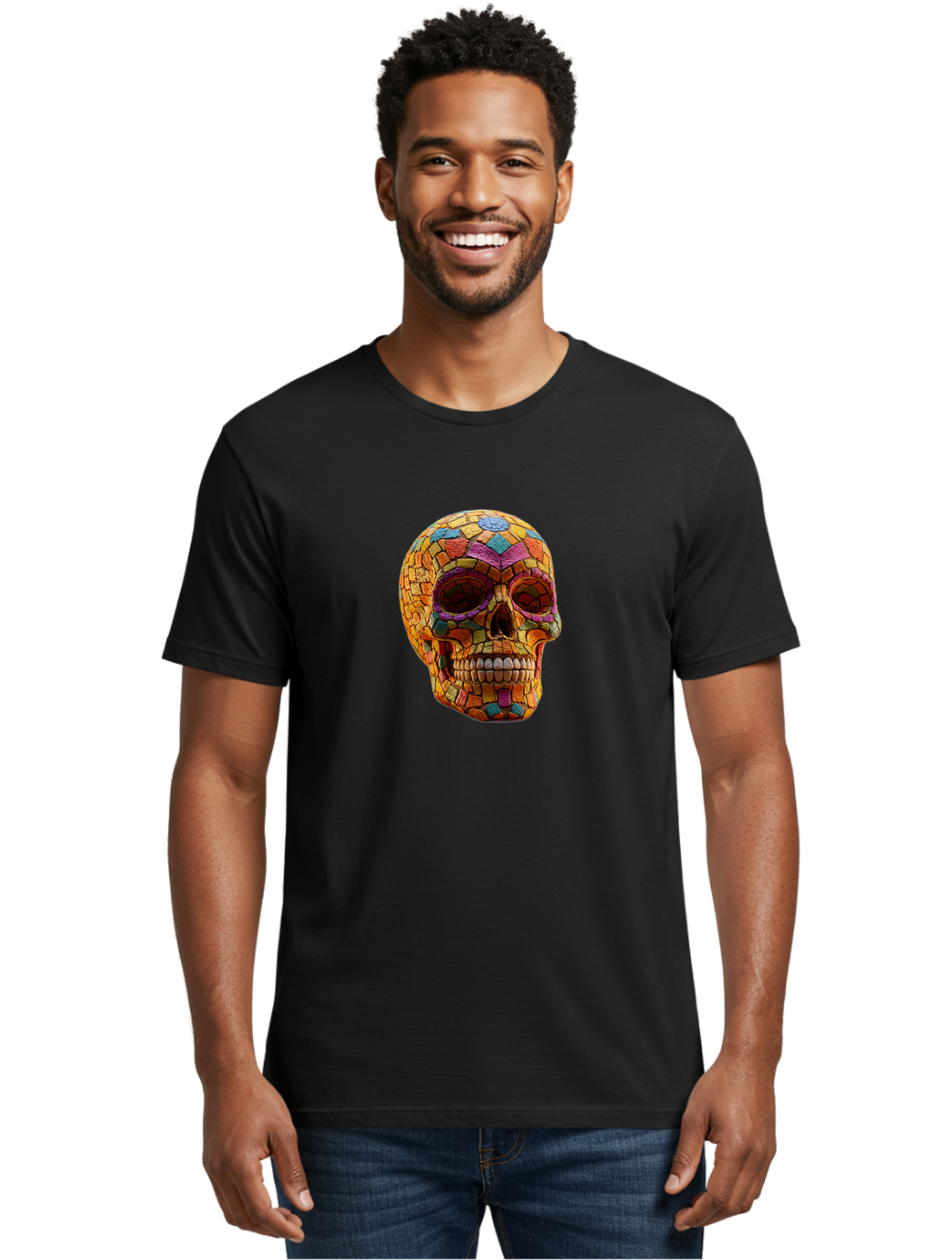Mosaic-Sugar-Skull Men'S Graphic Tee, 100% Cotton, Comfortable Casual Summer Wear, Machine Washable, Sugar Skull, Mosaic Art, Colorful Tiles, Vibrant Colors, Festive Decoration, Day Of The Dead, Cultural Heritage, Folk Art, Skull Decoration Bad339