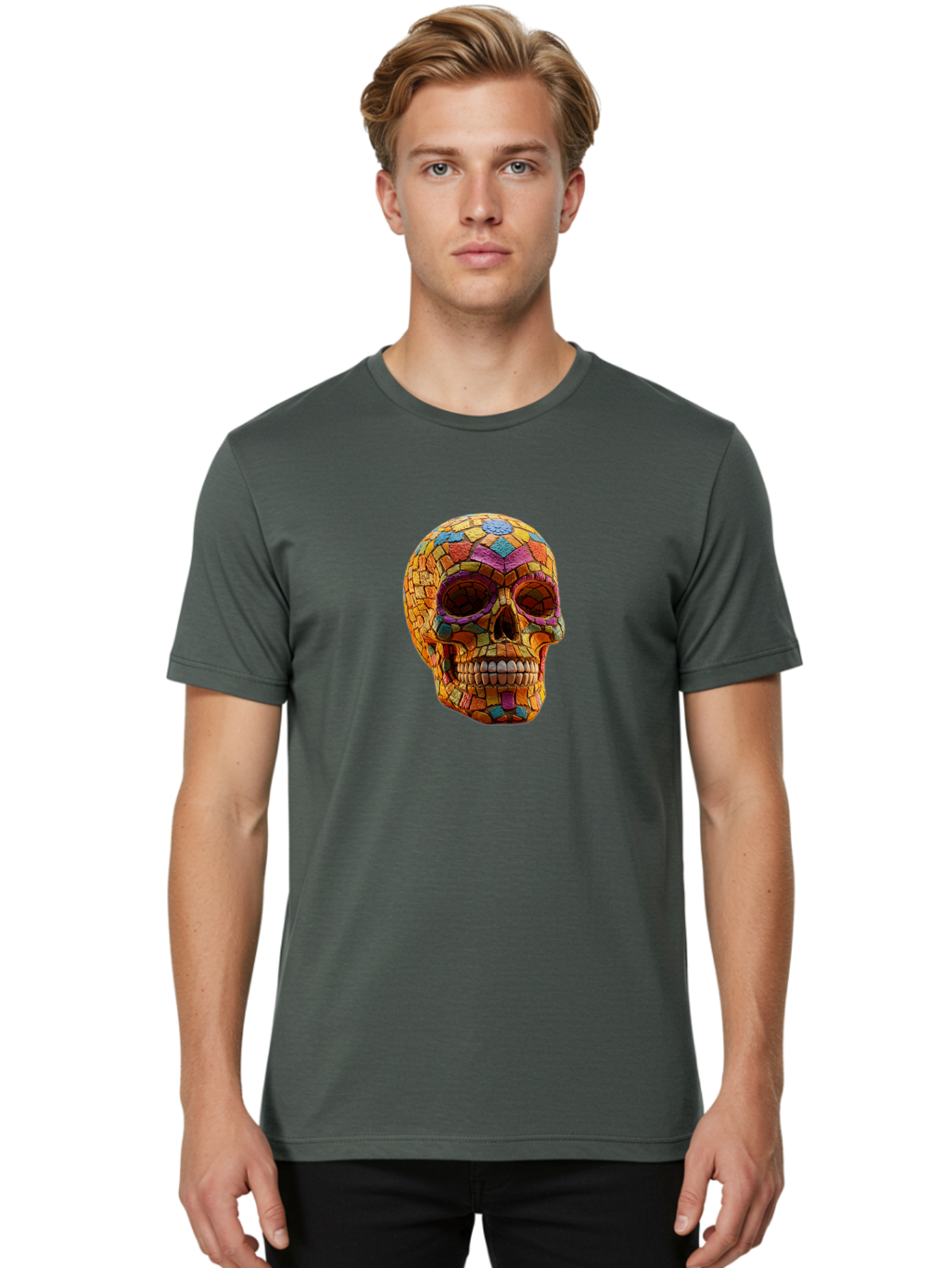 Mosaic-Sugar-Skull Men'S Graphic Tee, 100% Cotton, Comfortable Casual Summer Wear, Machine Washable, Sugar Skull, Mosaic Art, Colorful Tiles, Vibrant Colors, Festive Decoration, Day Of The Dead, Cultural Heritage, Folk Art, Skull Decoration Bad339