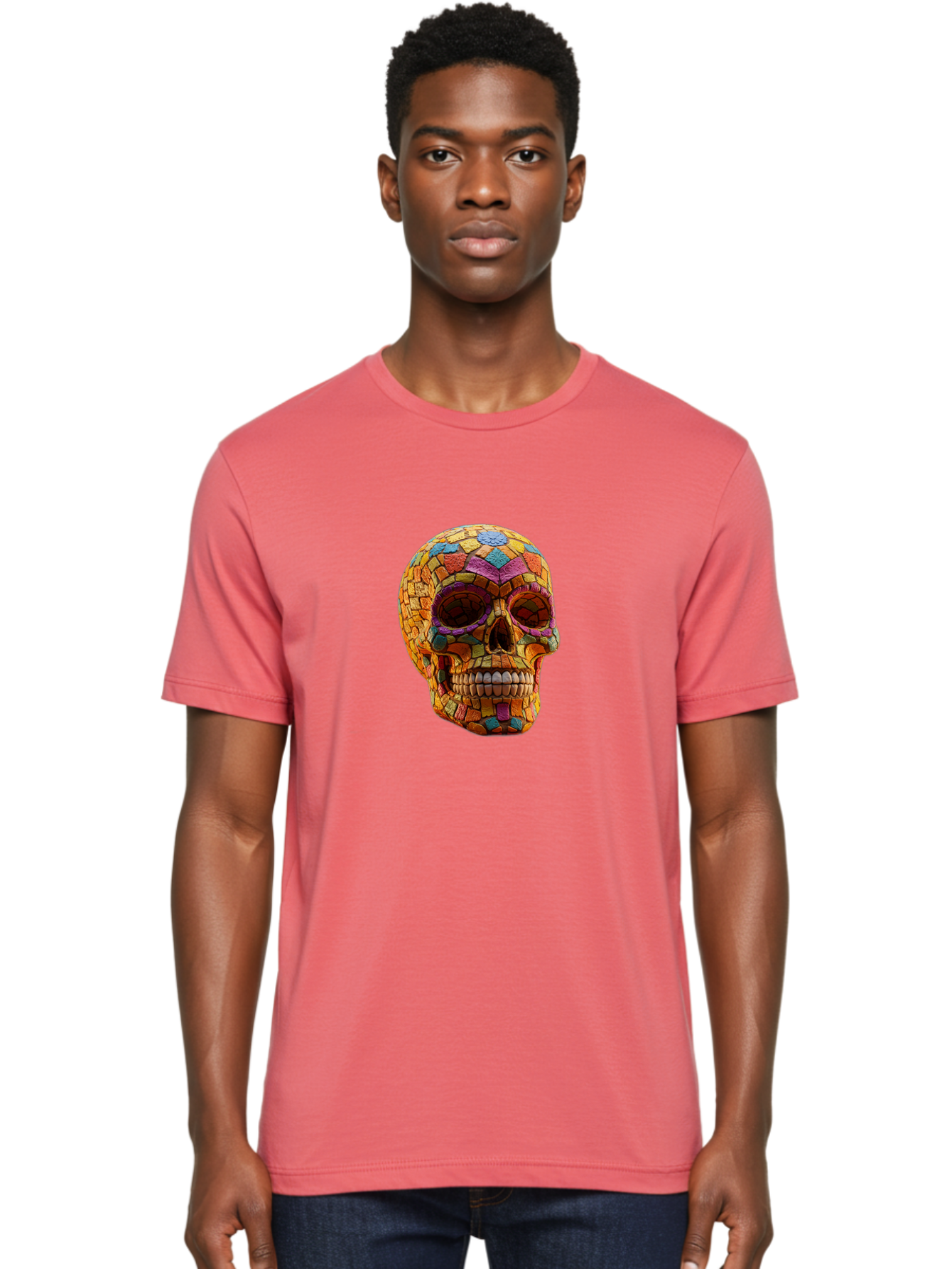 Mosaic-Sugar-Skull Men'S Graphic Tee, 100% Cotton, Comfortable Casual Summer Wear, Machine Washable, Sugar Skull, Mosaic Art, Colorful Tiles, Vibrant Colors, Festive Decoration, Day Of The Dead, Cultural Heritage, Folk Art, Skull Decoration Bad339