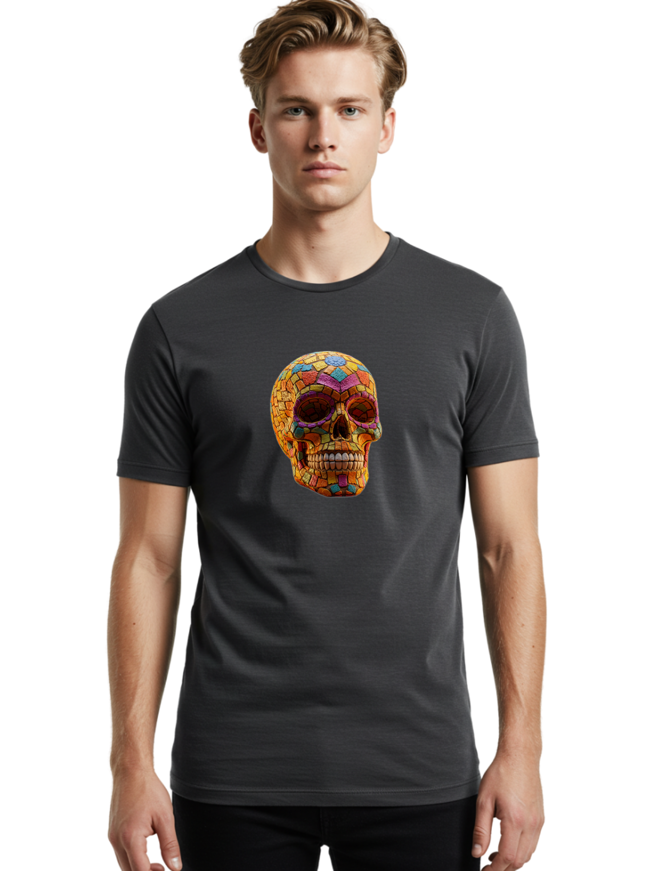 Mosaic-Sugar-Skull Men'S Graphic Tee, 100% Cotton, Comfortable Casual Summer Wear, Machine Washable, Sugar Skull, Mosaic Art, Colorful Tiles, Vibrant Colors, Festive Decoration, Day Of The Dead, Cultural Heritage, Folk Art, Skull Decoration Bad339