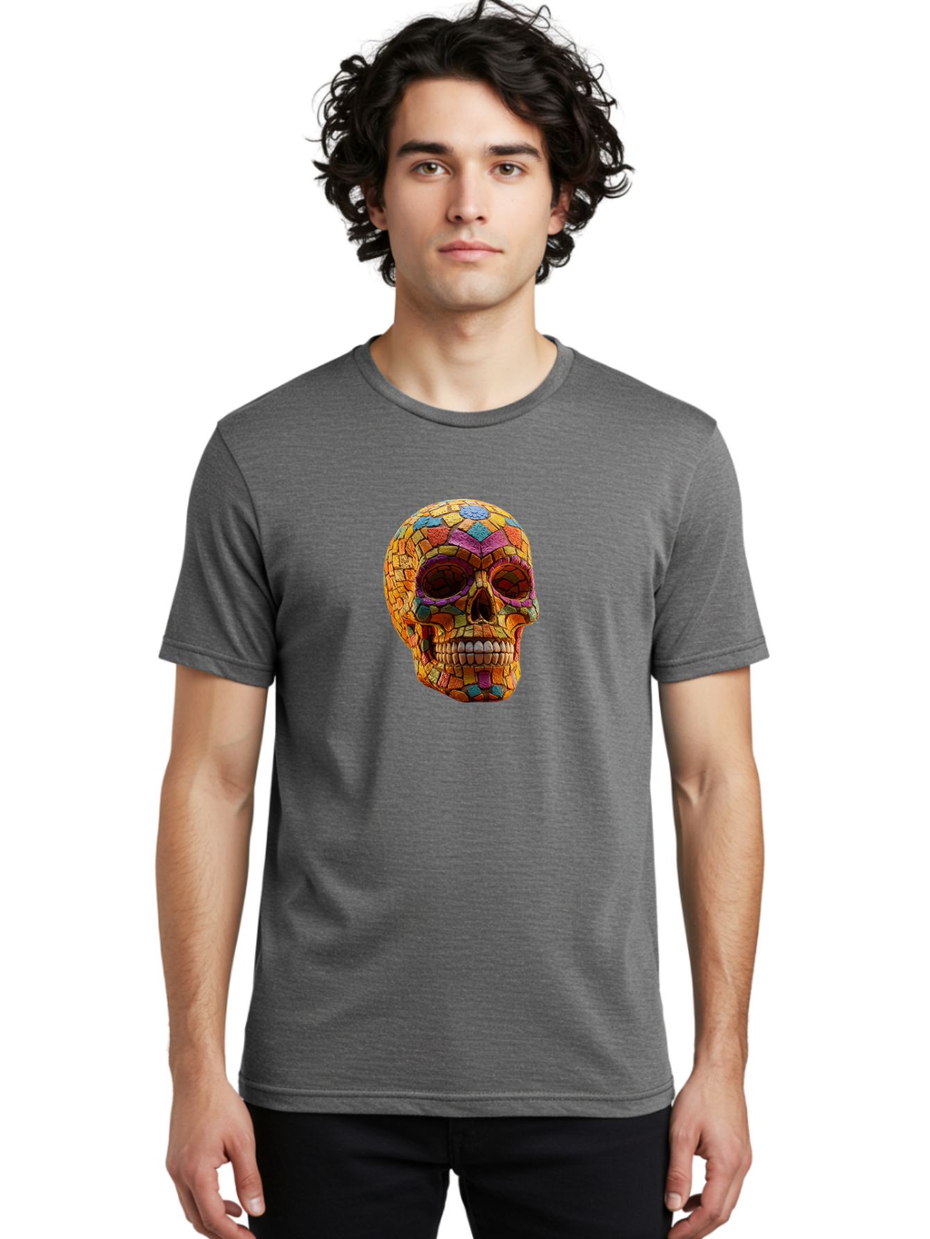Mosaic-Sugar-Skull Men'S Graphic Tee, 100% Cotton, Comfortable Casual Summer Wear, Machine Washable, Sugar Skull, Mosaic Art, Colorful Tiles, Vibrant Colors, Festive Decoration, Day Of The Dead, Cultural Heritage, Folk Art, Skull Decoration Bad339
