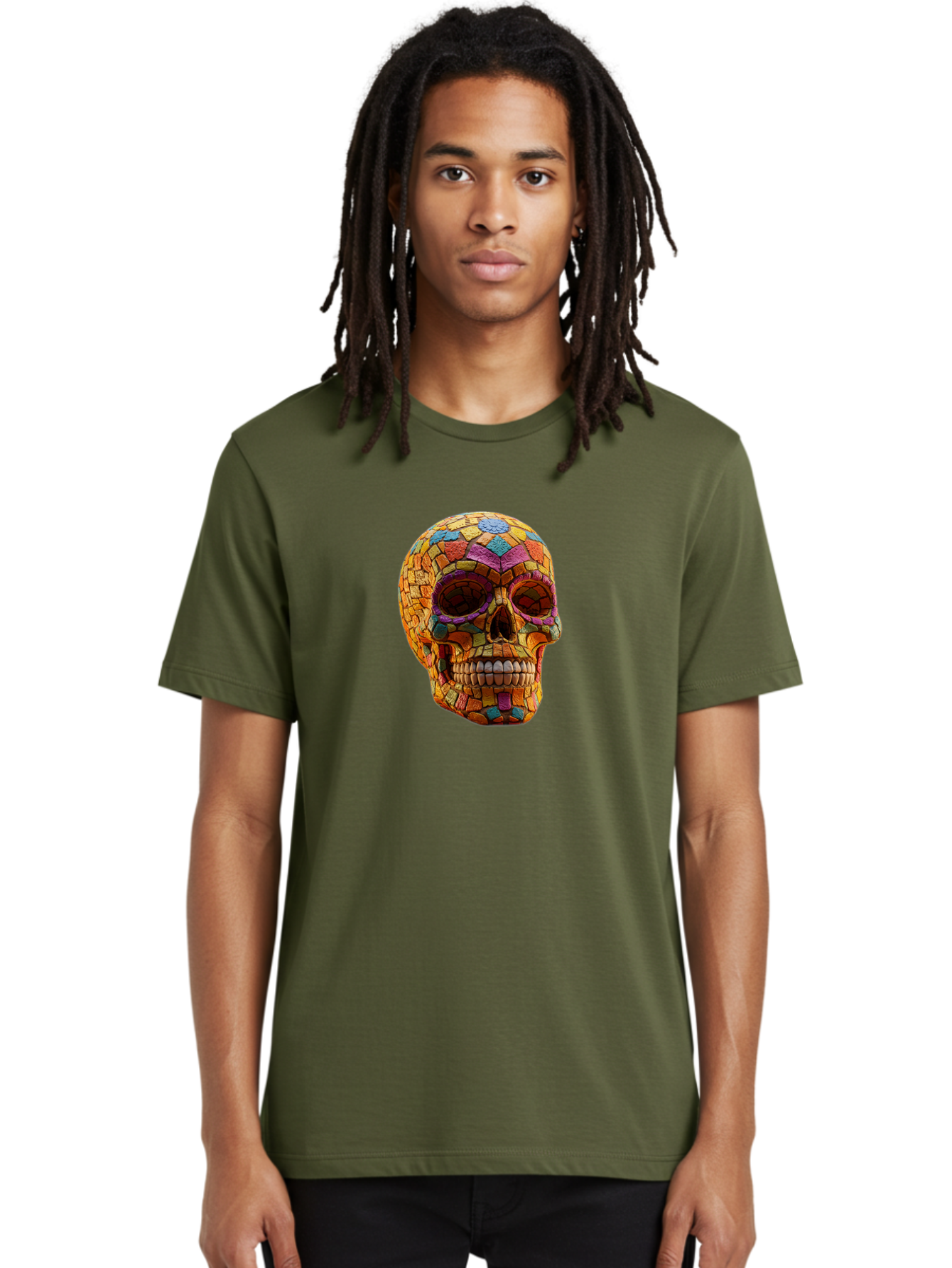 Mosaic-Sugar-Skull Men'S Graphic Tee, 100% Cotton, Comfortable Casual Summer Wear, Machine Washable, Sugar Skull, Mosaic Art, Colorful Tiles, Vibrant Colors, Festive Decoration, Day Of The Dead, Cultural Heritage, Folk Art, Skull Decoration Bad339
