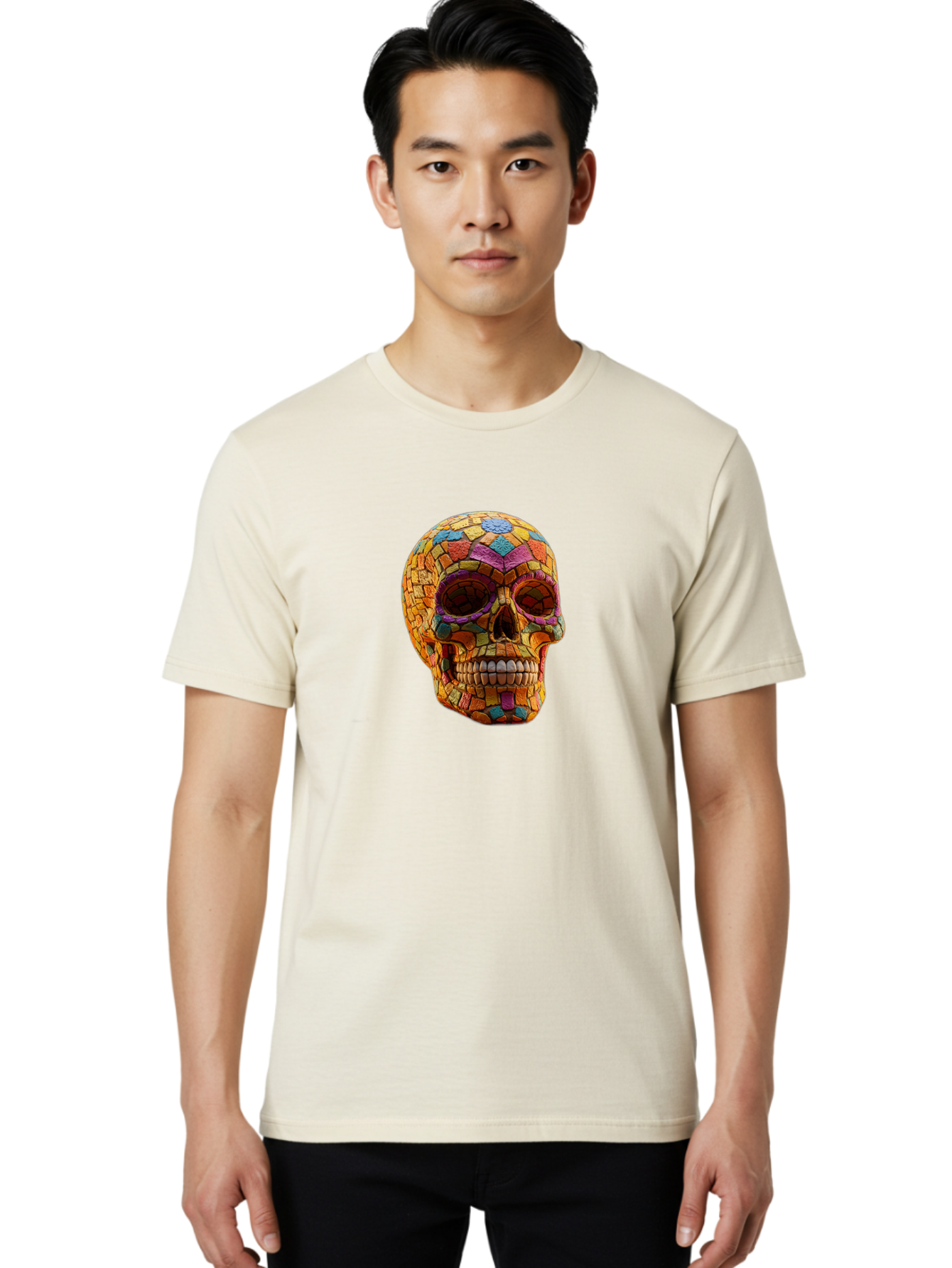 Mosaic-Sugar-Skull Men'S Graphic Tee, 100% Cotton, Comfortable Casual Summer Wear, Machine Washable, Sugar Skull, Mosaic Art, Colorful Tiles, Vibrant Colors, Festive Decoration, Day Of The Dead, Cultural Heritage, Folk Art, Skull Decoration Bad339