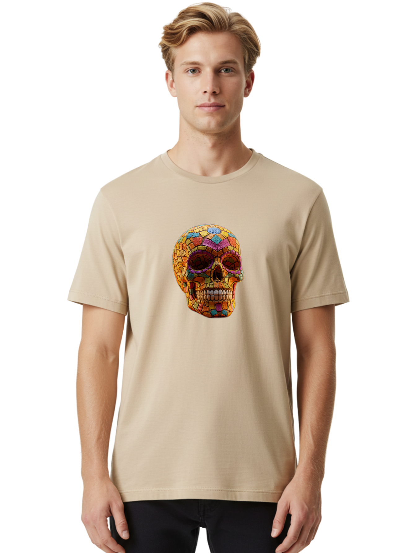 Mosaic-Sugar-Skull Men'S Graphic Tee, 100% Cotton, Comfortable Casual Summer Wear, Machine Washable, Sugar Skull, Mosaic Art, Colorful Tiles, Vibrant Colors, Festive Decoration, Day Of The Dead, Cultural Heritage, Folk Art, Skull Decoration Bad339