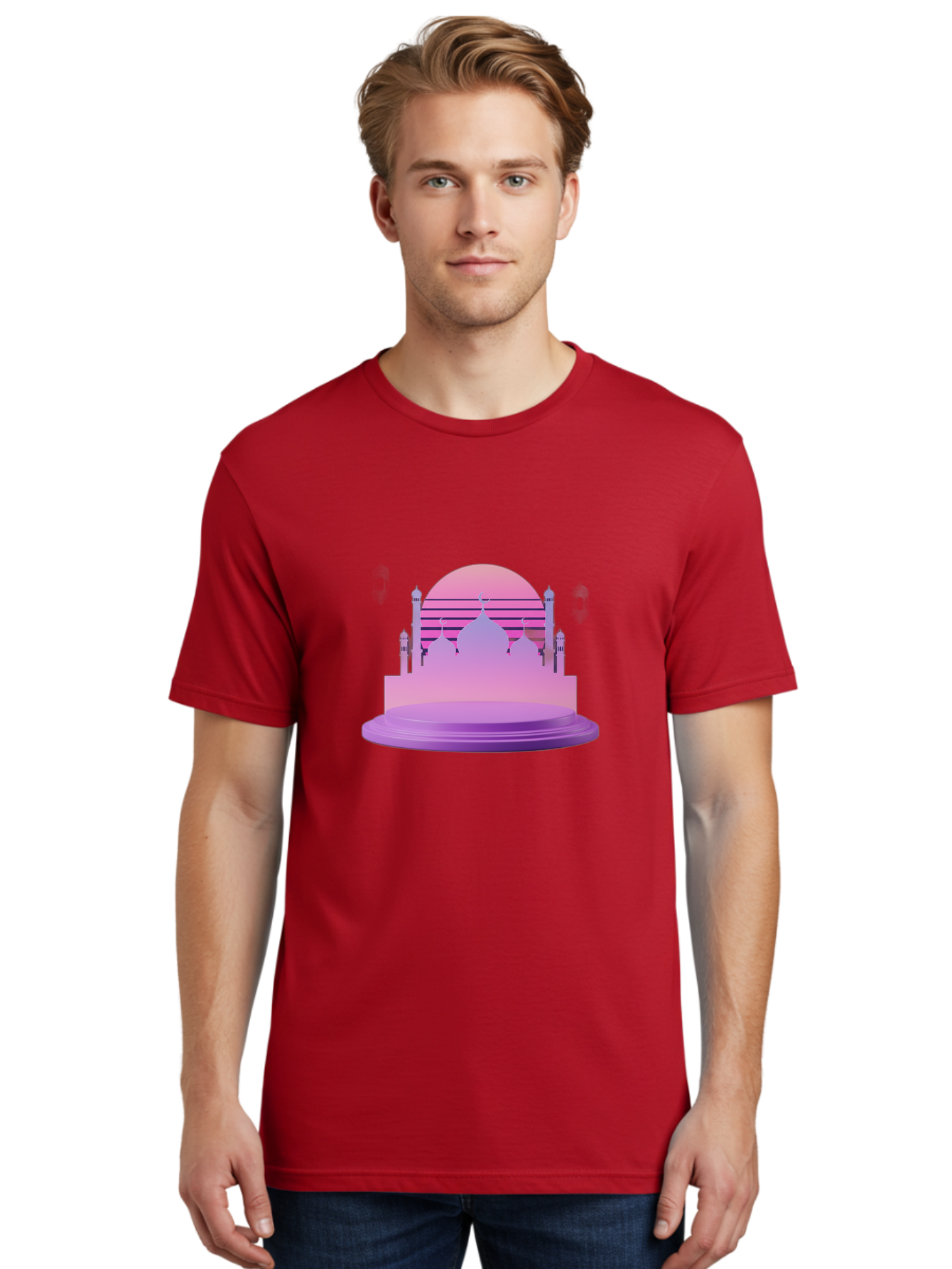 Mosque-Silhouette-1 Men'S Graphic Tee, 100% Cotton, Comfortable Casual Summer Wear, Machine Washable, Mosque Silhouette, Islamic Architecture, Cultural Heritage, Serene Atmosphere, Minimalist Design, Vibrant Colors, Peaceful Ambiance, Bad341