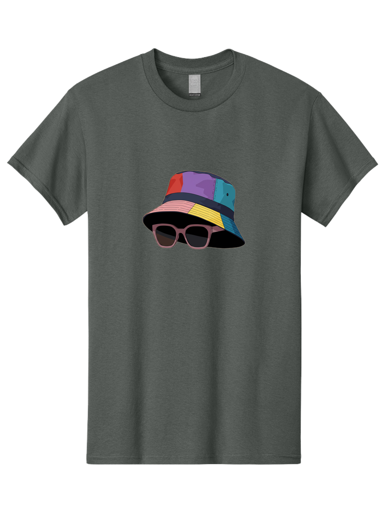 Multicolored-Bucket-Hat Men'S Graphic Tee, 100% Cotton, Comfortable Casual Summer Wear, Machine Washable, Patchwork Bucket Hat, Colorful Hat, Sunglasses Accessory, Fashion Statement, Streetwear Style, Vibrant Colors, Trendy Accessory, Bad344