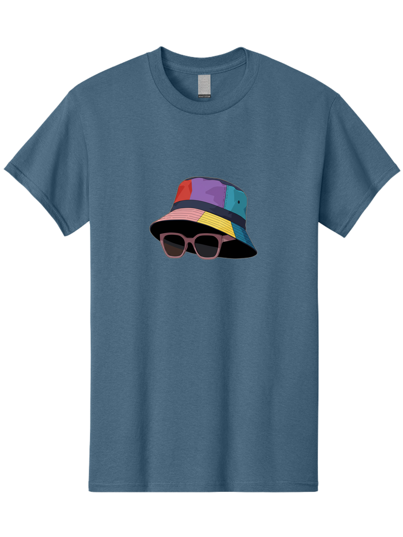 Multicolored-Bucket-Hat Men'S Graphic Tee, 100% Cotton, Comfortable Casual Summer Wear, Machine Washable, Patchwork Bucket Hat, Colorful Hat, Sunglasses Accessory, Fashion Statement, Streetwear Style, Vibrant Colors, Trendy Accessory, Bad344