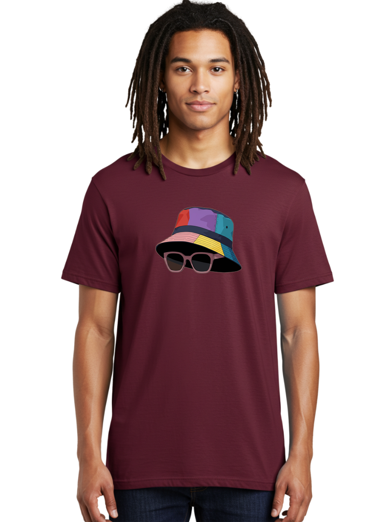 Multicolored-Bucket-Hat Men'S Graphic Tee, 100% Cotton, Comfortable Casual Summer Wear, Machine Washable, Patchwork Bucket Hat, Colorful Hat, Sunglasses Accessory, Fashion Statement, Streetwear Style, Vibrant Colors, Trendy Accessory, Bad344