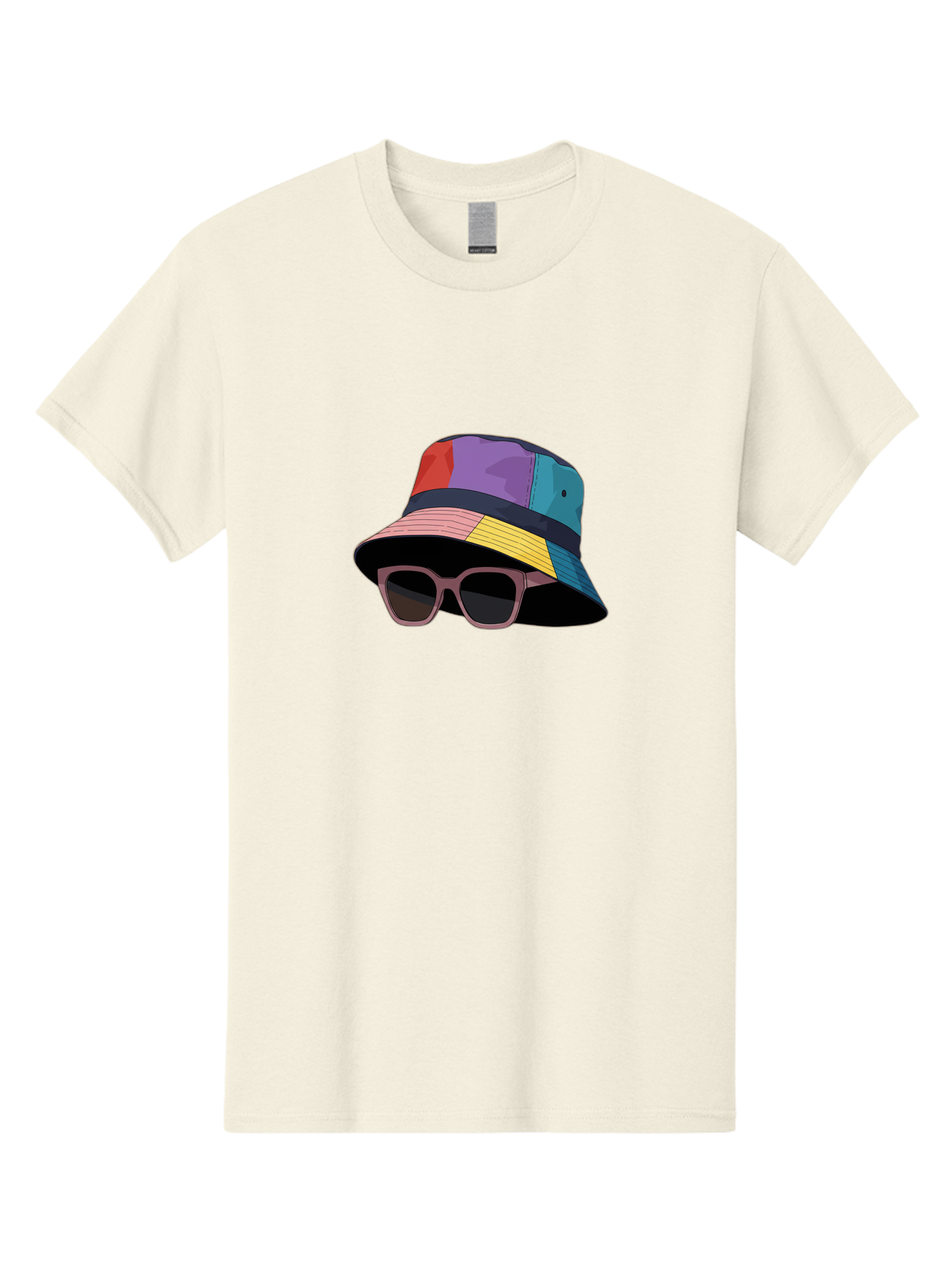 Multicolored-Bucket-Hat Men'S Graphic Tee, 100% Cotton, Comfortable Casual Summer Wear, Machine Washable, Patchwork Bucket Hat, Colorful Hat, Sunglasses Accessory, Fashion Statement, Streetwear Style, Vibrant Colors, Trendy Accessory, Bad344
