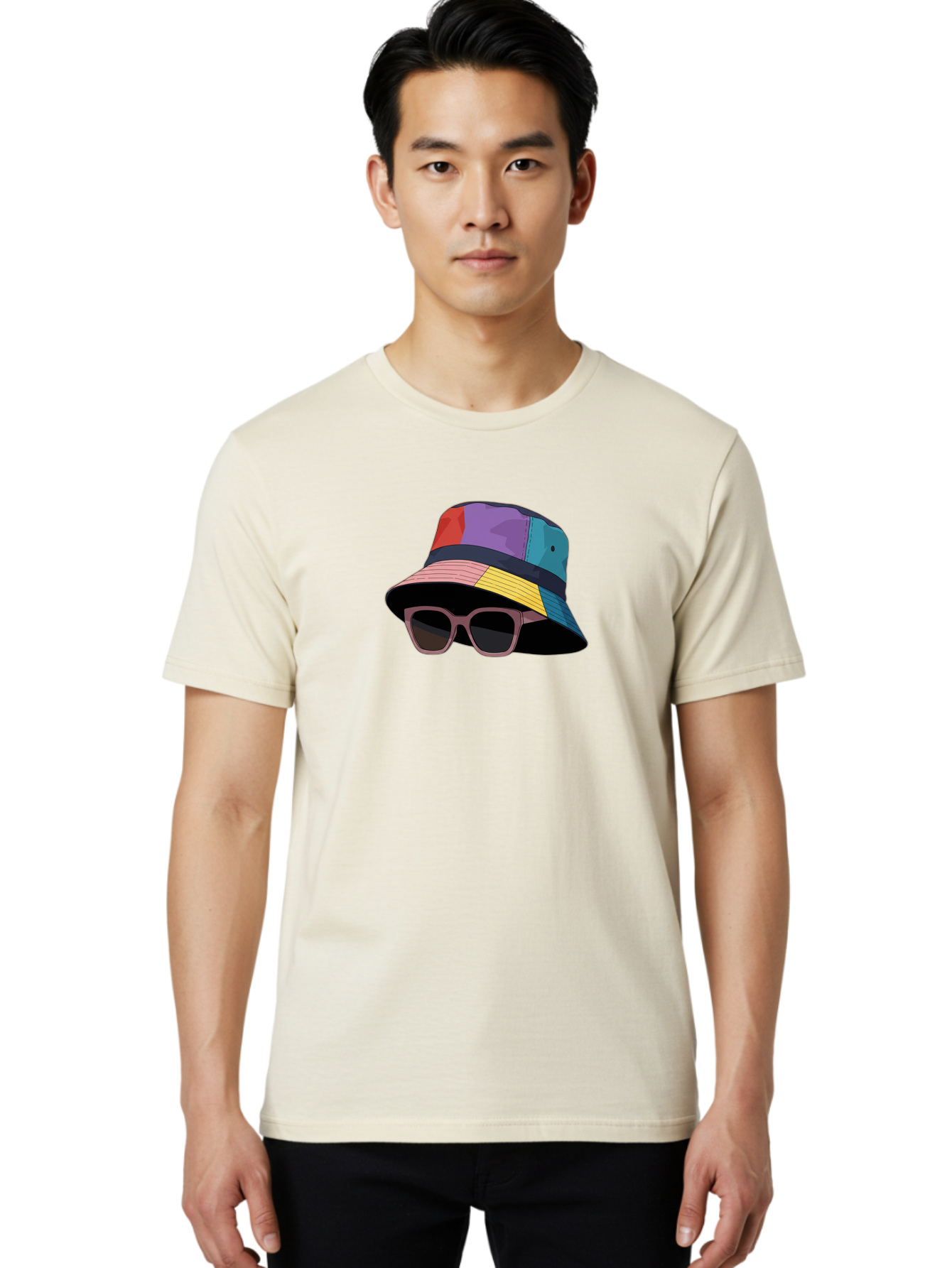 Multicolored-Bucket-Hat Men'S Graphic Tee, 100% Cotton, Comfortable Casual Summer Wear, Machine Washable, Patchwork Bucket Hat, Colorful Hat, Sunglasses Accessory, Fashion Statement, Streetwear Style, Vibrant Colors, Trendy Accessory, Bad344