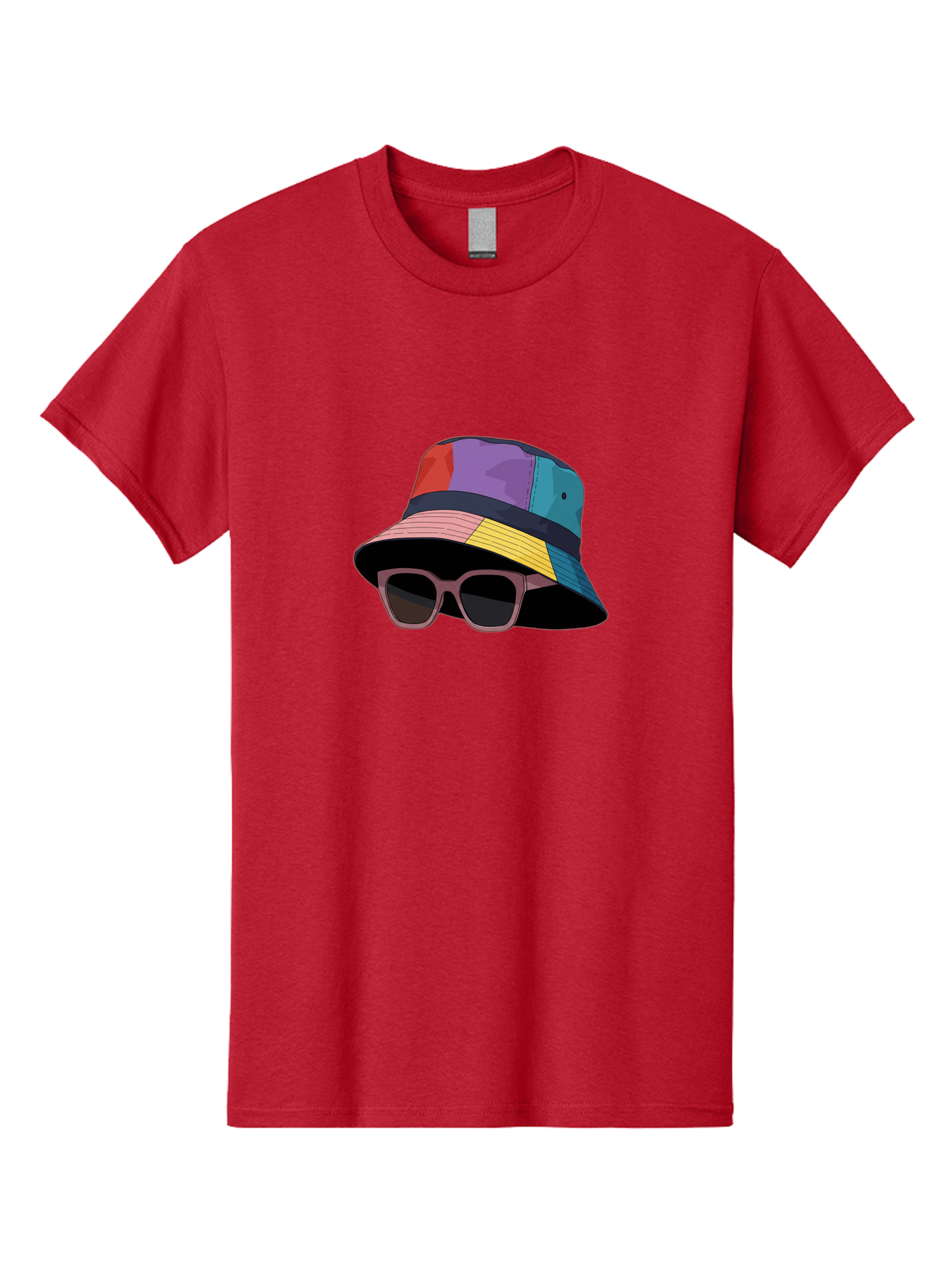 Multicolored-Bucket-Hat Men'S Graphic Tee, 100% Cotton, Comfortable Casual Summer Wear, Machine Washable, Patchwork Bucket Hat, Colorful Hat, Sunglasses Accessory, Fashion Statement, Streetwear Style, Vibrant Colors, Trendy Accessory, Bad344