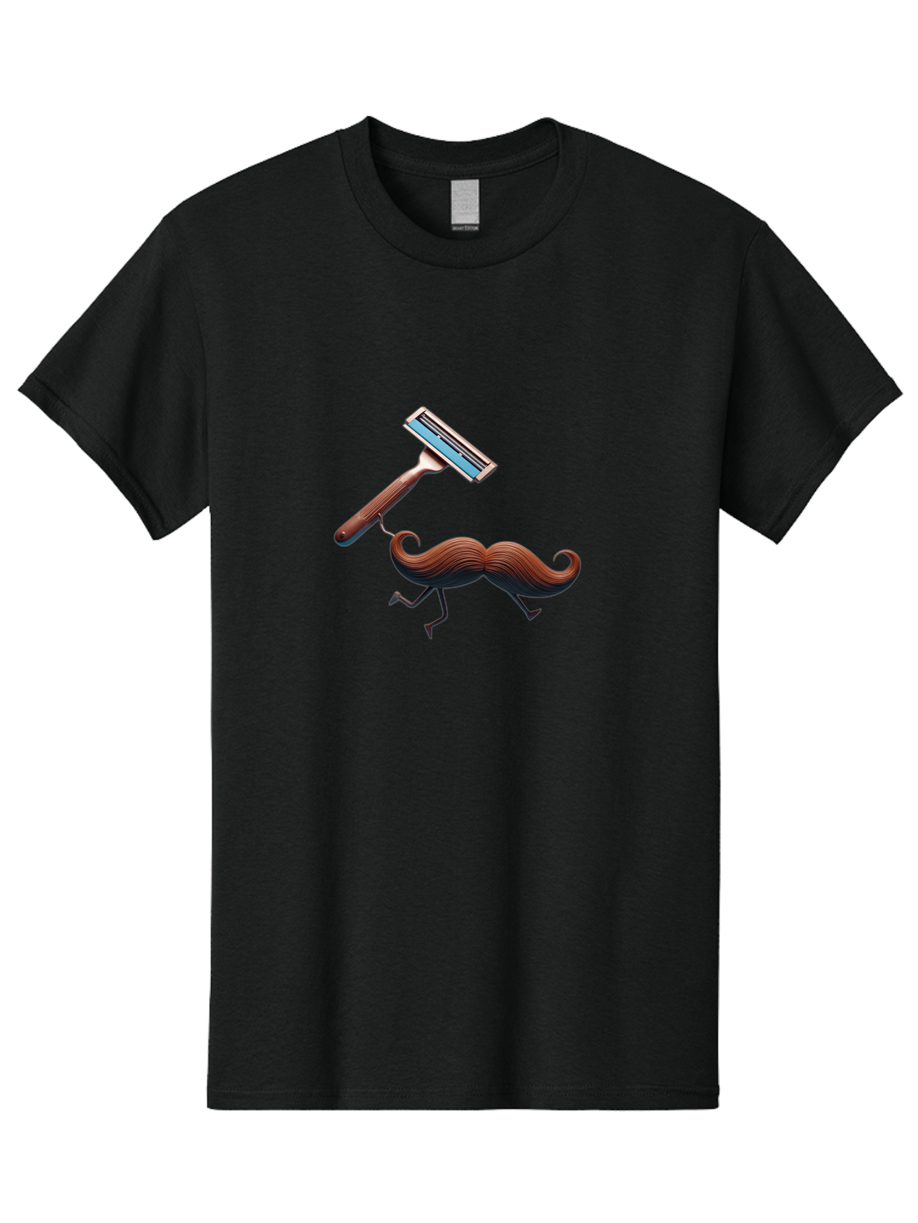 Mustache-Being-Carried-By-Razor Men'S Graphic Tee, 100% Cotton, Comfortable Casual Summer Wear, Machine Washable, Cartoon Mustache, Razor Shaving Mustache, Humorous Illustration, Shaving Concept, Funny Mustache, Razor Blade, Quirky Design, Bad347