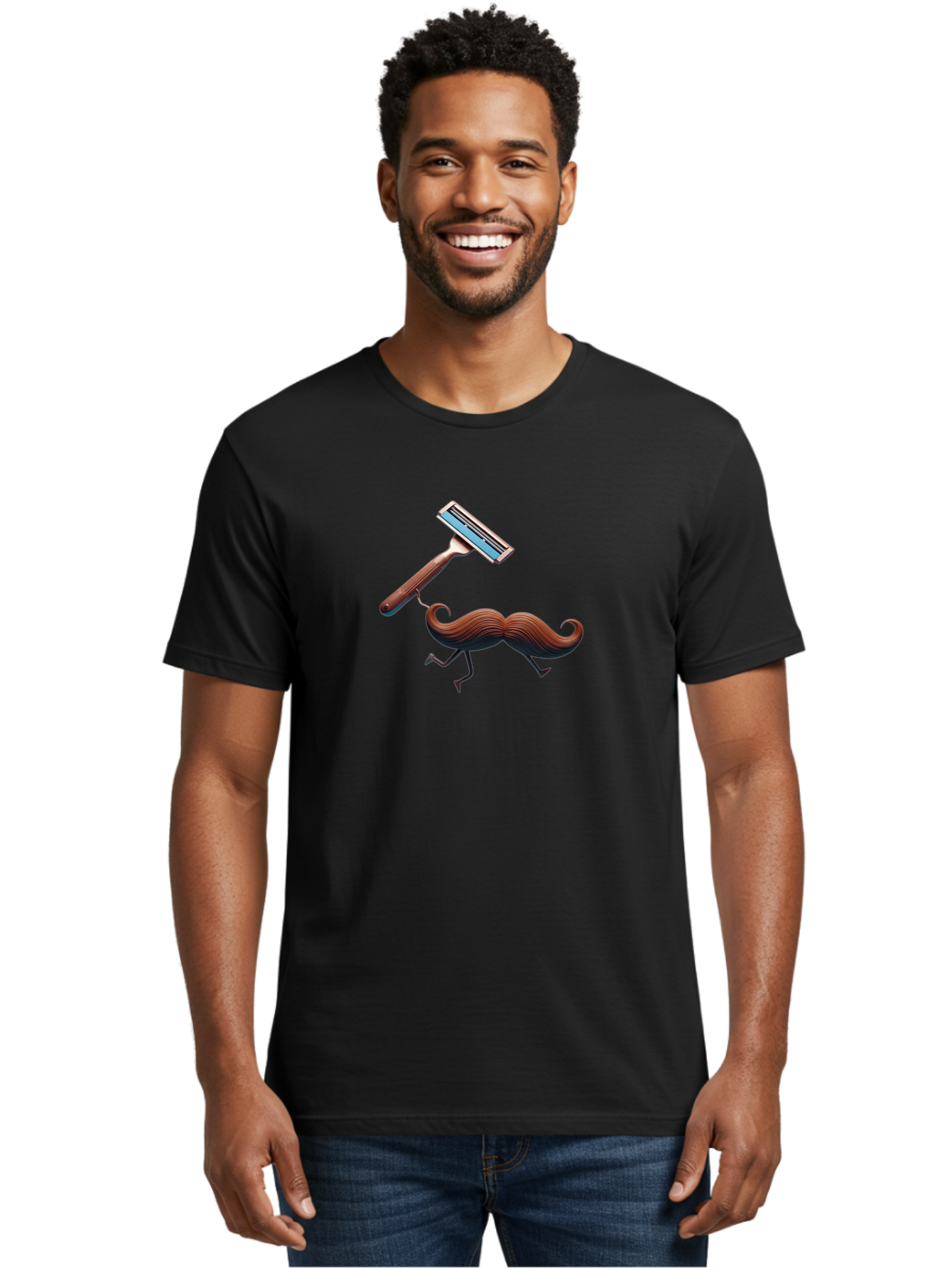 Mustache-Being-Carried-By-Razor Men'S Graphic Tee, 100% Cotton, Comfortable Casual Summer Wear, Machine Washable, Cartoon Mustache, Razor Shaving Mustache, Humorous Illustration, Shaving Concept, Funny Mustache, Razor Blade, Quirky Design, Bad347
