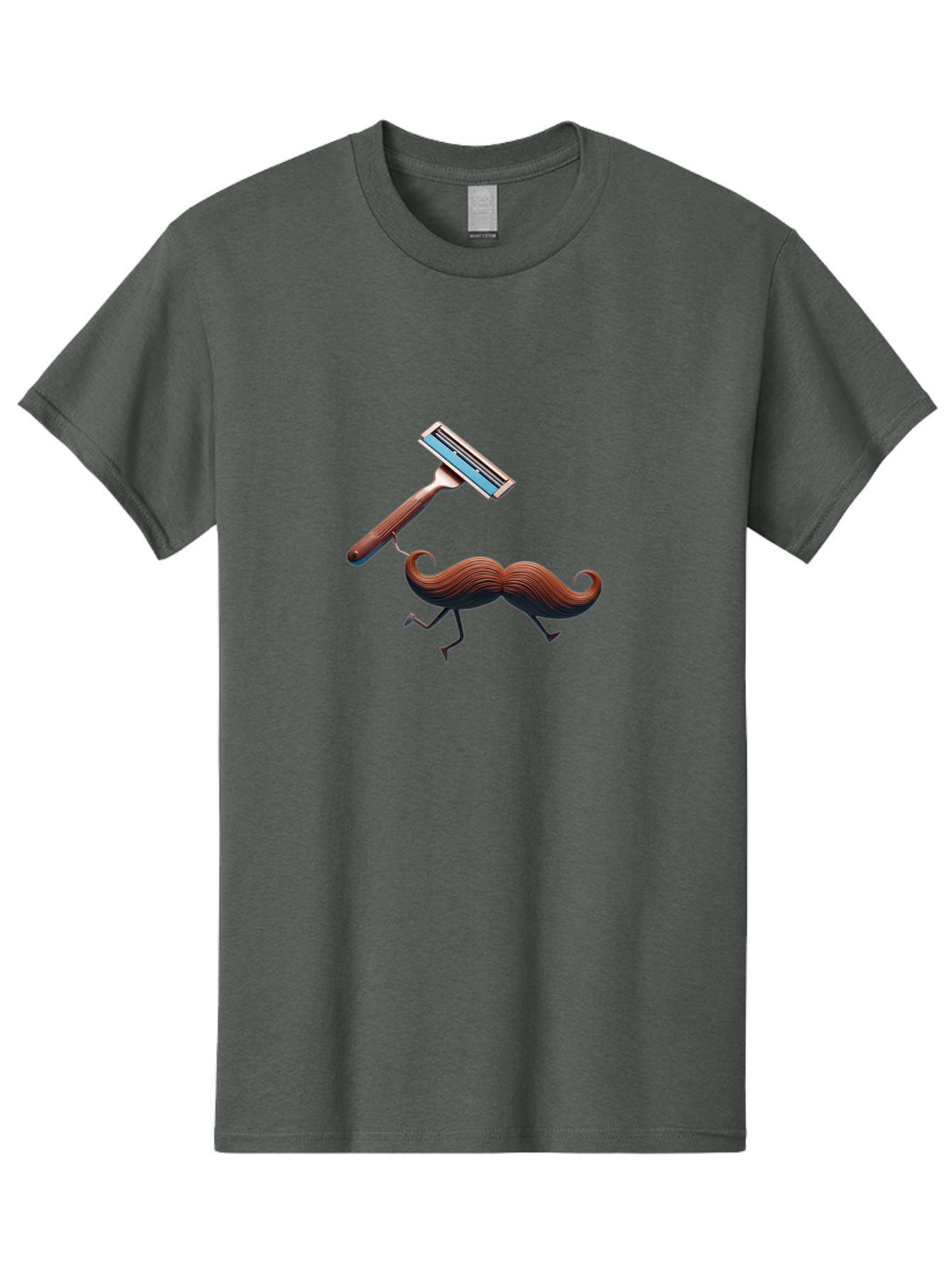 Mustache-Being-Carried-By-Razor Men'S Graphic Tee, 100% Cotton, Comfortable Casual Summer Wear, Machine Washable, Cartoon Mustache, Razor Shaving Mustache, Humorous Illustration, Shaving Concept, Funny Mustache, Razor Blade, Quirky Design, Bad347