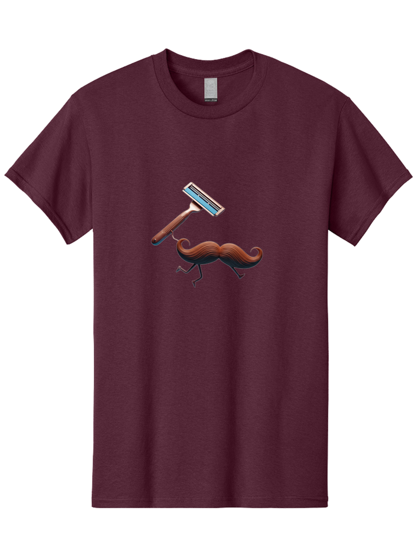 Mustache-Being-Carried-By-Razor Men'S Graphic Tee, 100% Cotton, Comfortable Casual Summer Wear, Machine Washable, Cartoon Mustache, Razor Shaving Mustache, Humorous Illustration, Shaving Concept, Funny Mustache, Razor Blade, Quirky Design, Bad347