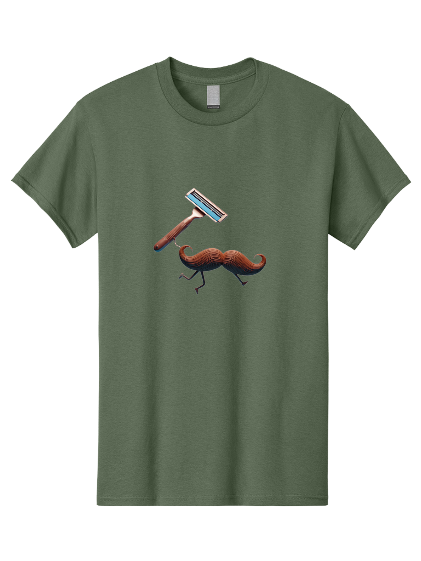 Mustache-Being-Carried-By-Razor Men'S Graphic Tee, 100% Cotton, Comfortable Casual Summer Wear, Machine Washable, Cartoon Mustache, Razor Shaving Mustache, Humorous Illustration, Shaving Concept, Funny Mustache, Razor Blade, Quirky Design, Bad347