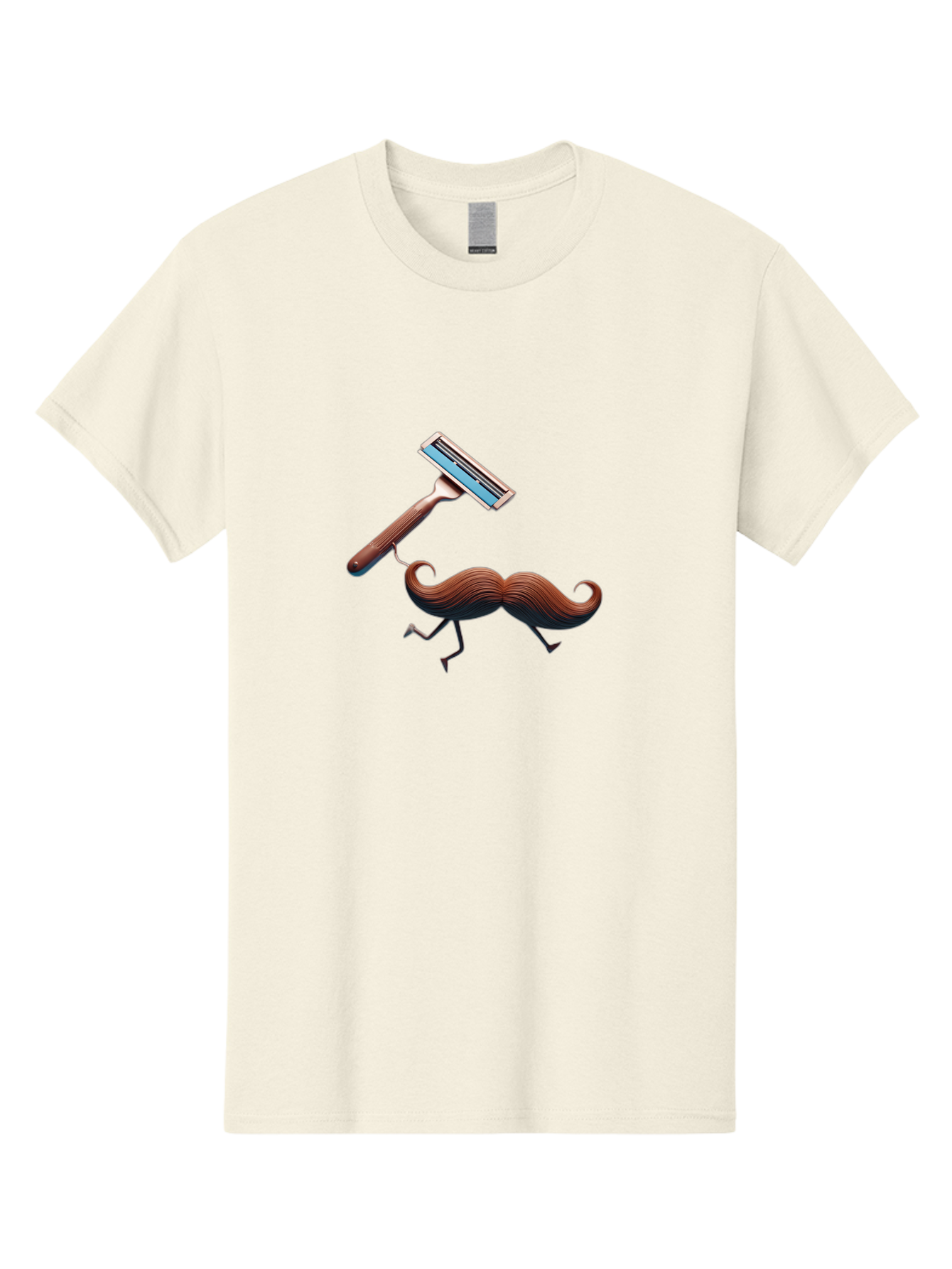 Mustache-Being-Carried-By-Razor Men'S Graphic Tee, 100% Cotton, Comfortable Casual Summer Wear, Machine Washable, Cartoon Mustache, Razor Shaving Mustache, Humorous Illustration, Shaving Concept, Funny Mustache, Razor Blade, Quirky Design, Bad347