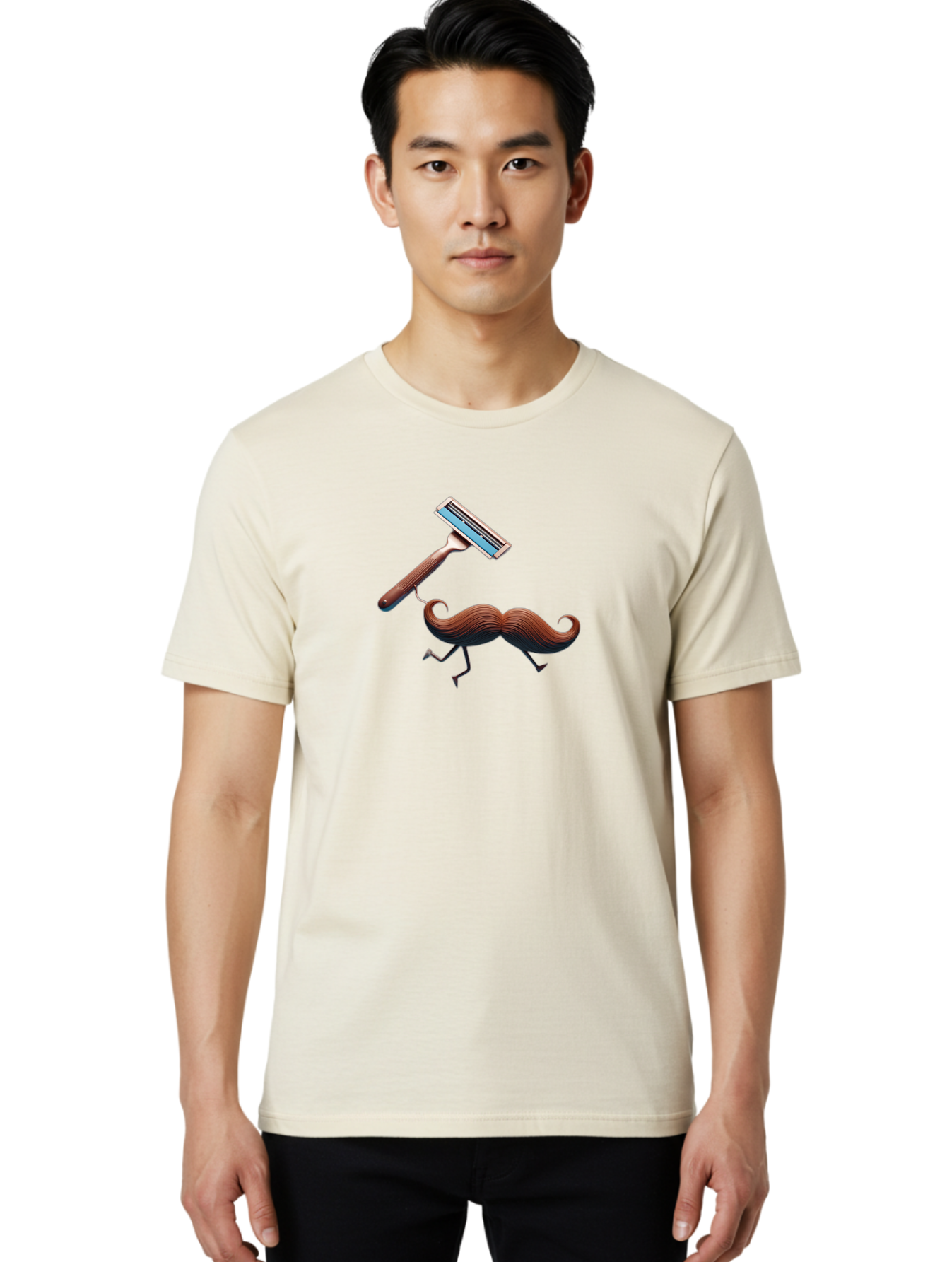 Mustache-Being-Carried-By-Razor Men'S Graphic Tee, 100% Cotton, Comfortable Casual Summer Wear, Machine Washable, Cartoon Mustache, Razor Shaving Mustache, Humorous Illustration, Shaving Concept, Funny Mustache, Razor Blade, Quirky Design, Bad347