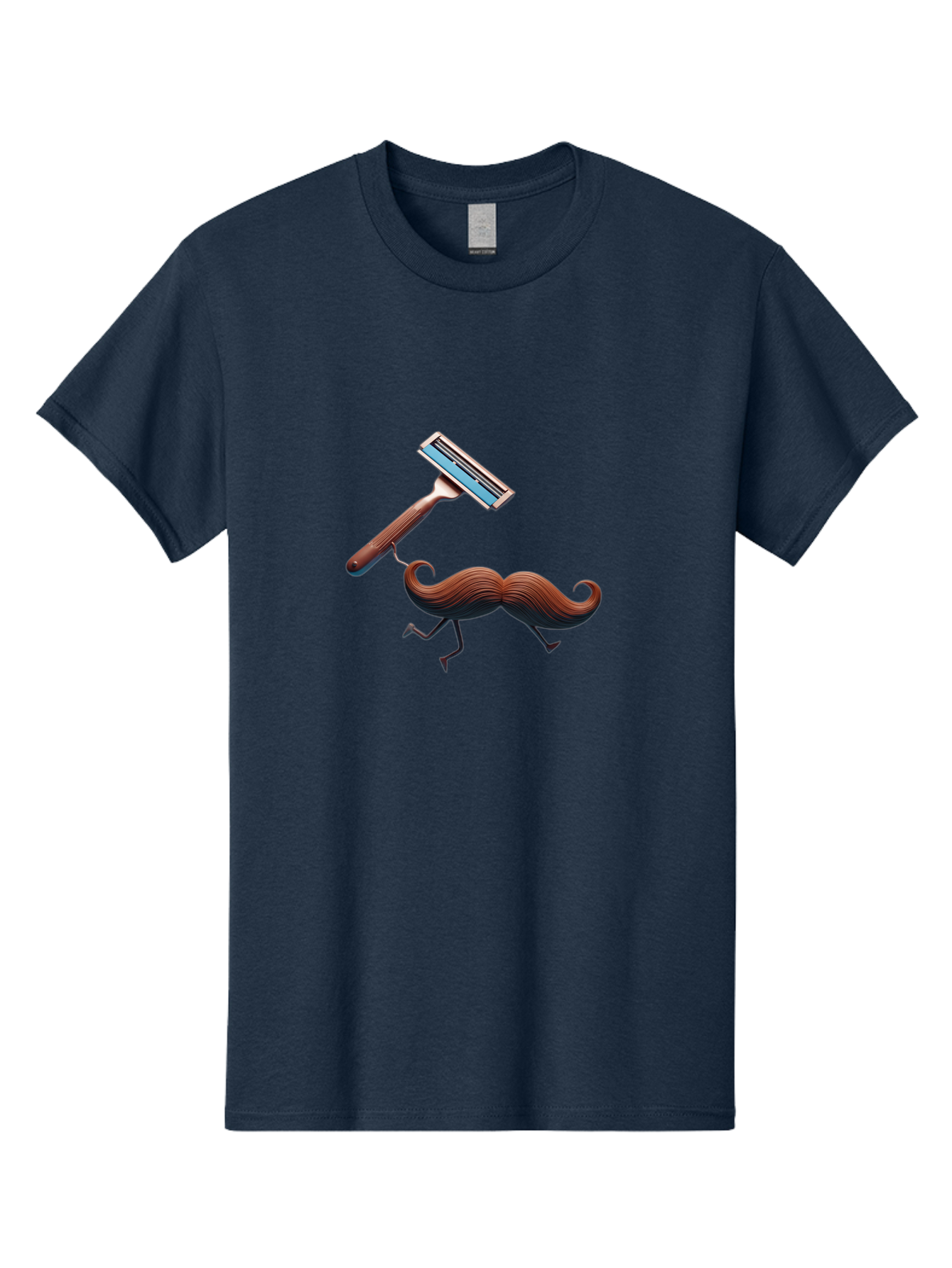 Mustache-Being-Carried-By-Razor Men'S Graphic Tee, 100% Cotton, Comfortable Casual Summer Wear, Machine Washable, Cartoon Mustache, Razor Shaving Mustache, Humorous Illustration, Shaving Concept, Funny Mustache, Razor Blade, Quirky Design, Bad347