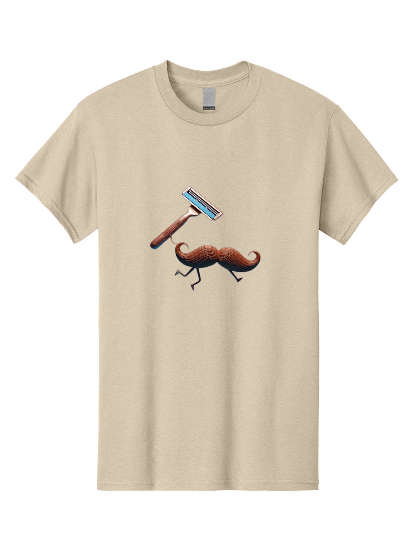 Mustache-Being-Carried-By-Razor Men'S Graphic Tee, 100% Cotton, Comfortable Casual Summer Wear, Machine Washable, Cartoon Mustache, Razor Shaving Mustache, Humorous Illustration, Shaving Concept, Funny Mustache, Razor Blade, Quirky Design, Bad347