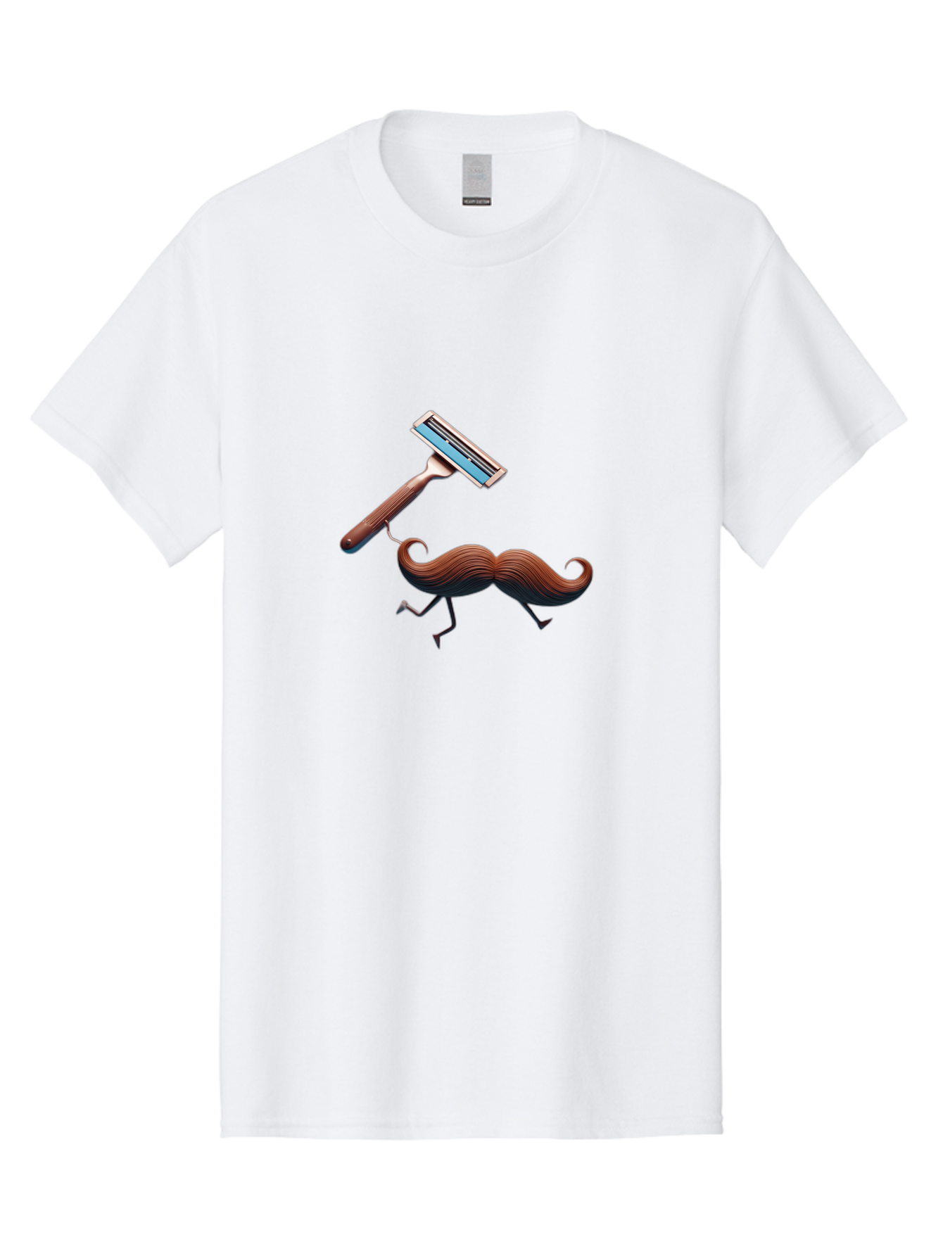 Mustache-Being-Carried-By-Razor Men'S Graphic Tee, 100% Cotton, Comfortable Casual Summer Wear, Machine Washable, Cartoon Mustache, Razor Shaving Mustache, Humorous Illustration, Shaving Concept, Funny Mustache, Razor Blade, Quirky Design, Bad347