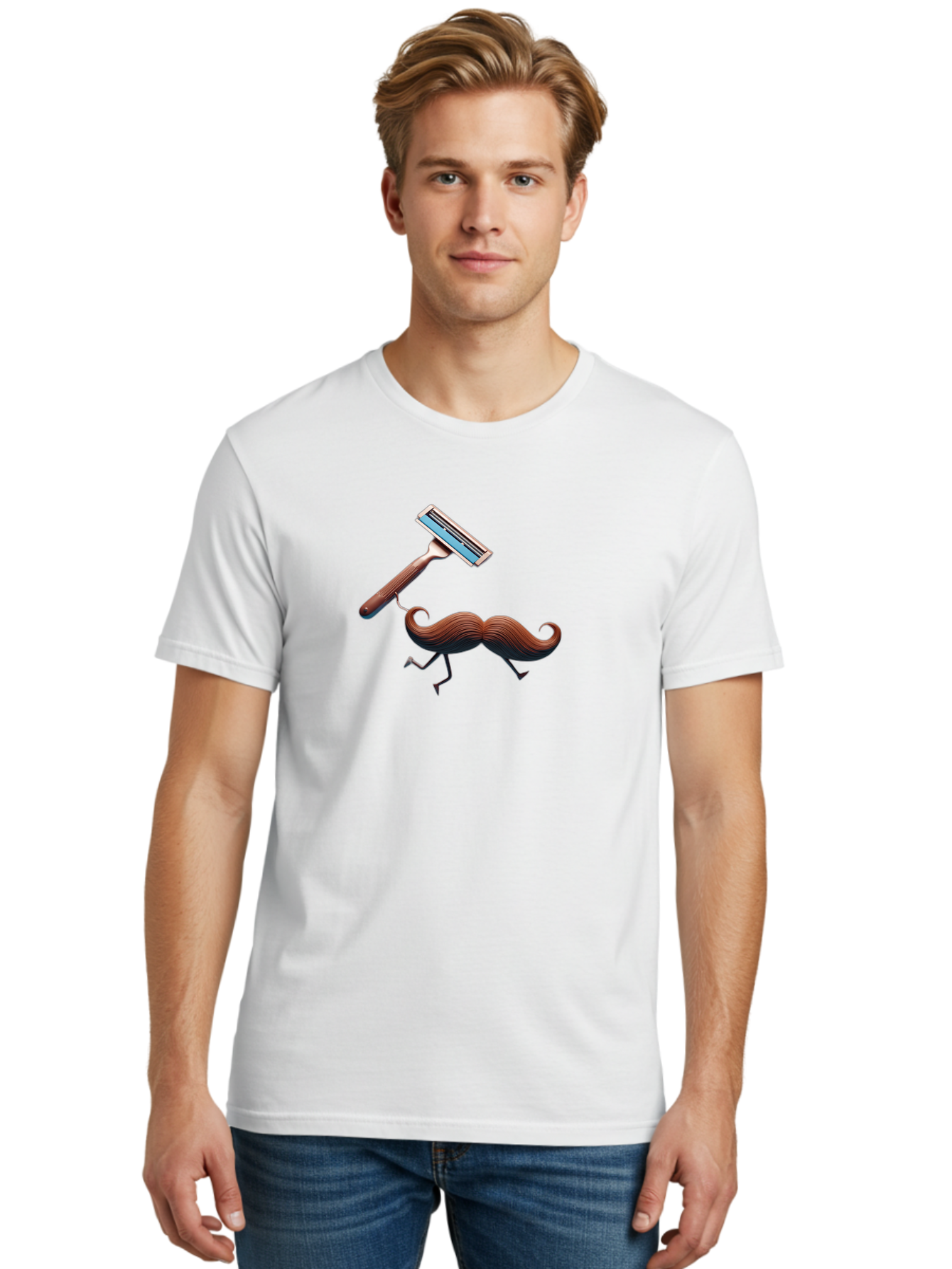 Mustache-Being-Carried-By-Razor Men'S Graphic Tee, 100% Cotton, Comfortable Casual Summer Wear, Machine Washable, Cartoon Mustache, Razor Shaving Mustache, Humorous Illustration, Shaving Concept, Funny Mustache, Razor Blade, Quirky Design, Bad347