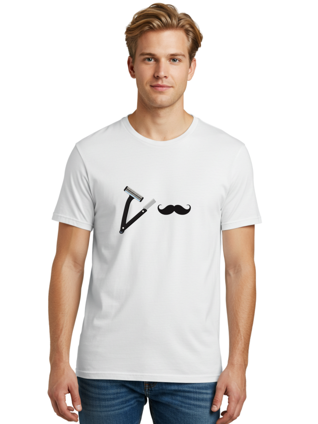 Mustache-Razor Men'S Graphic Tee, 100% Cotton, Comfortable Casual Summer Wear, Machine Washable, Straight Razor, Shaving Tools, Handlebar Mustache, Grooming, Men'S Grooming, Razor Blade, Facial Hair Bad349