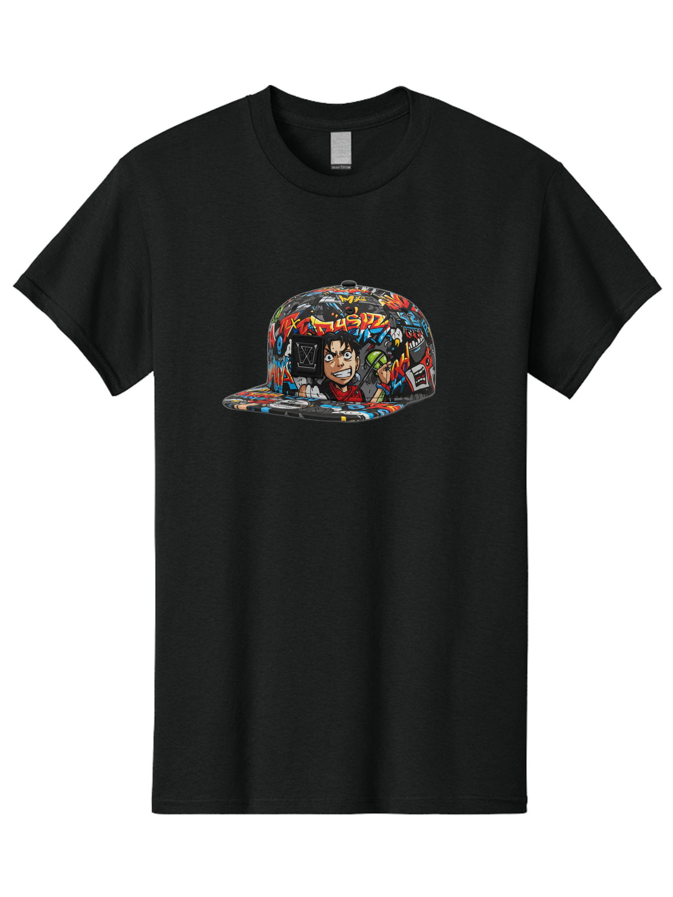 Muz7-Baseball-Cap Men'S Graphic Tee, 100% Cotton, Comfortable Casual Summer Wear, Machine Washable, Graffiti Cap, Streetwear Fashion, Colorful Hat, Urban Style, Cartoon Character, Spray Paint Can, Vibrant Colors, Edgy Design, Trendy Accessory, Bad350
