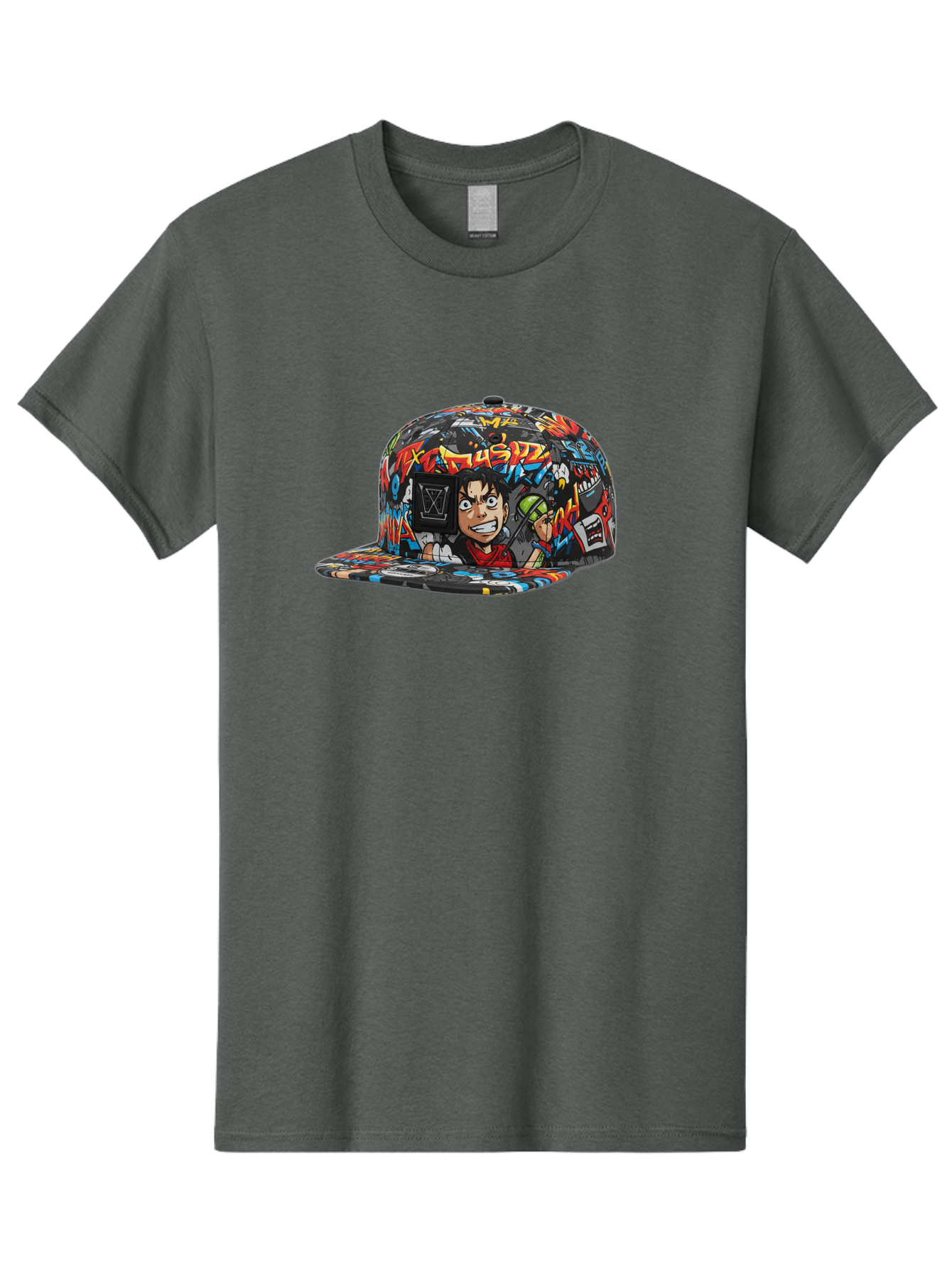 Muz7-Baseball-Cap Men'S Graphic Tee, 100% Cotton, Comfortable Casual Summer Wear, Machine Washable, Graffiti Cap, Streetwear Fashion, Colorful Hat, Urban Style, Cartoon Character, Spray Paint Can, Vibrant Colors, Edgy Design, Trendy Accessory, Bad350