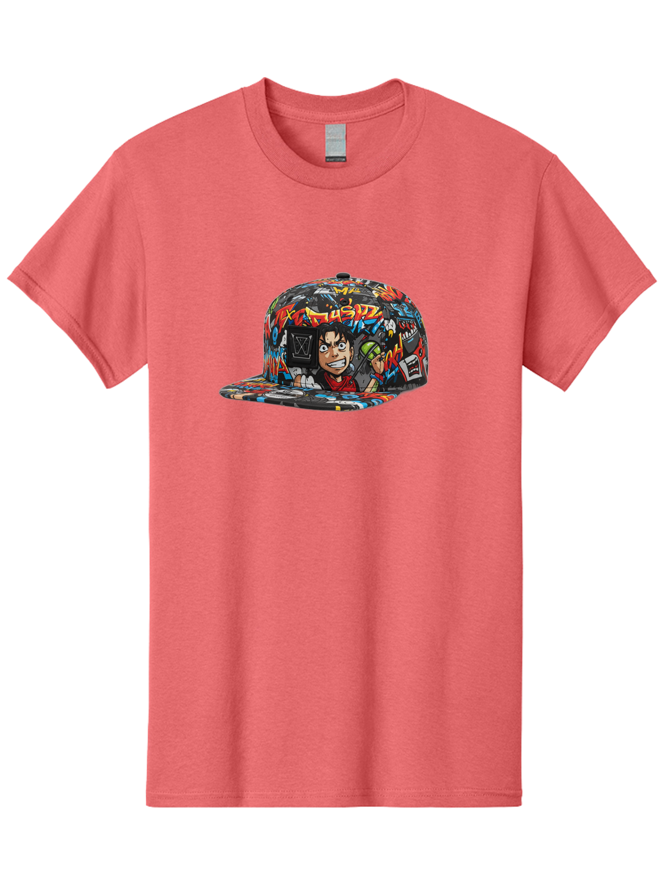 Muz7-Baseball-Cap Men'S Graphic Tee, 100% Cotton, Comfortable Casual Summer Wear, Machine Washable, Graffiti Cap, Streetwear Fashion, Colorful Hat, Urban Style, Cartoon Character, Spray Paint Can, Vibrant Colors, Edgy Design, Trendy Accessory, Bad350