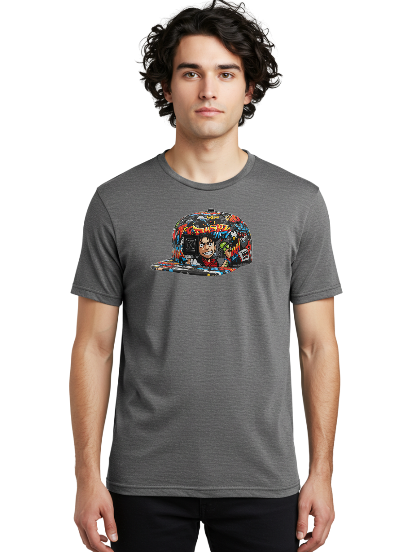 Muz7-Baseball-Cap Men'S Graphic Tee, 100% Cotton, Comfortable Casual Summer Wear, Machine Washable, Graffiti Cap, Streetwear Fashion, Colorful Hat, Urban Style, Cartoon Character, Spray Paint Can, Vibrant Colors, Edgy Design, Trendy Accessory, Bad350