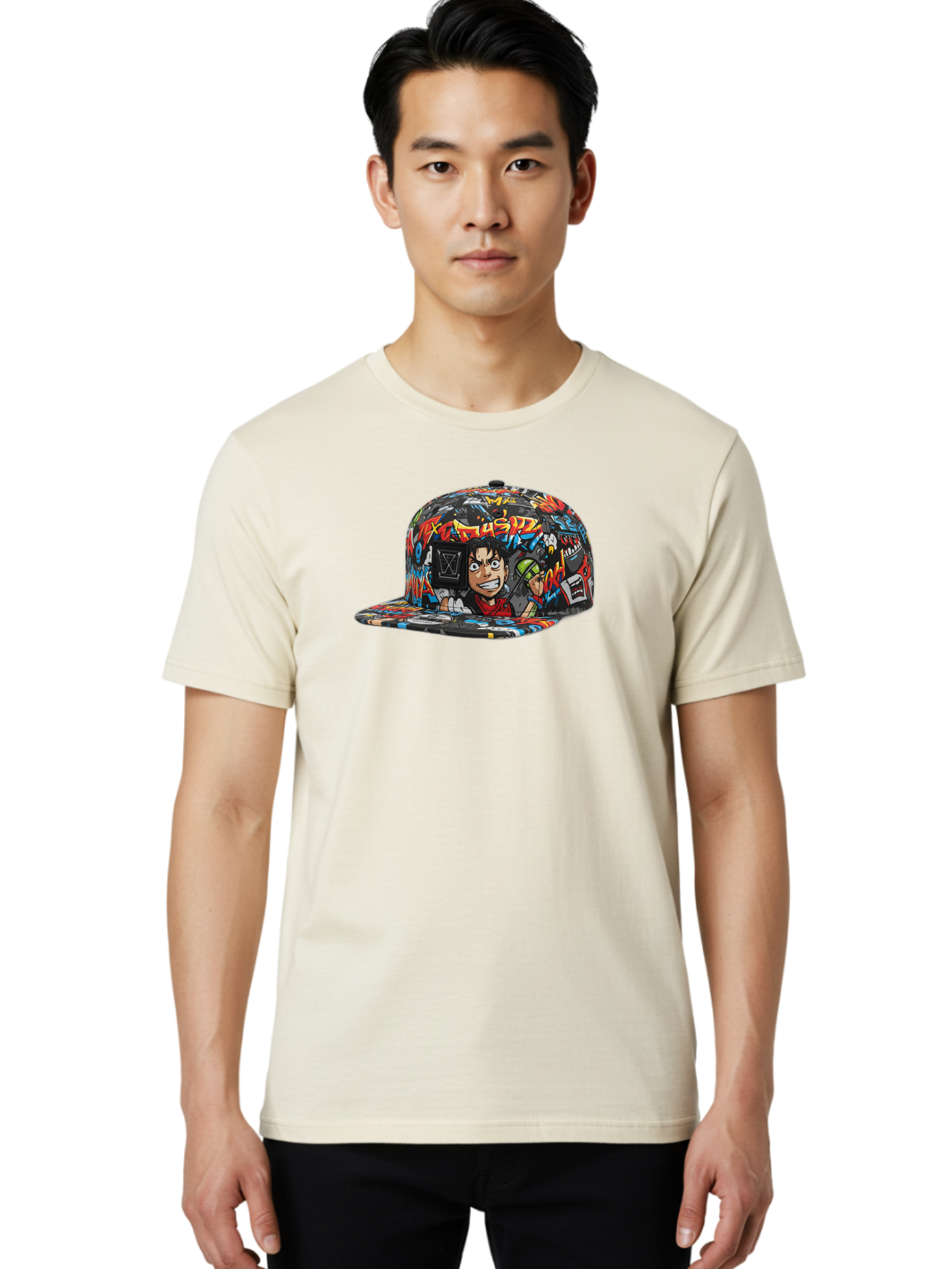 Muz7-Baseball-Cap Men'S Graphic Tee, 100% Cotton, Comfortable Casual Summer Wear, Machine Washable, Graffiti Cap, Streetwear Fashion, Colorful Hat, Urban Style, Cartoon Character, Spray Paint Can, Vibrant Colors, Edgy Design, Trendy Accessory, Bad350