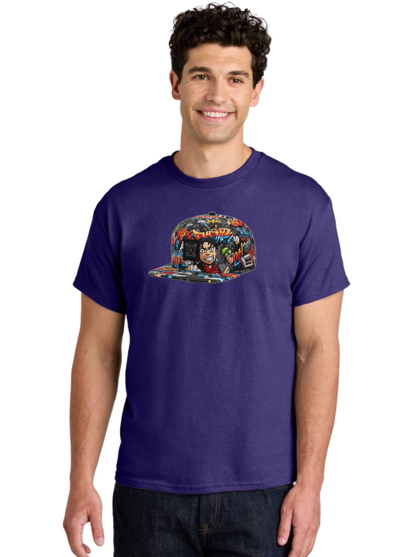 Muz7-Baseball-Cap Men'S Graphic Tee, 100% Cotton, Comfortable Casual Summer Wear, Machine Washable, Graffiti Cap, Streetwear Fashion, Colorful Hat, Urban Style, Cartoon Character, Spray Paint Can, Vibrant Colors, Edgy Design, Trendy Accessory, Bad350