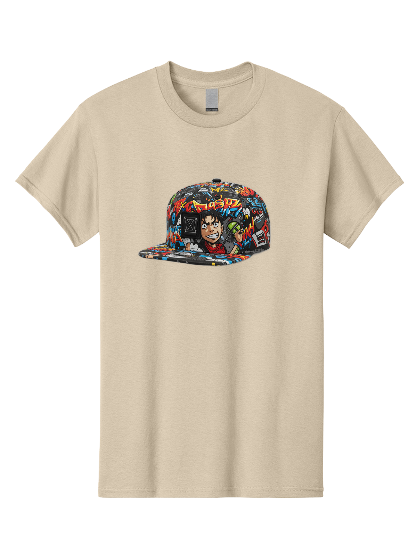 Muz7-Baseball-Cap Men'S Graphic Tee, 100% Cotton, Comfortable Casual Summer Wear, Machine Washable, Graffiti Cap, Streetwear Fashion, Colorful Hat, Urban Style, Cartoon Character, Spray Paint Can, Vibrant Colors, Edgy Design, Trendy Accessory, Bad350