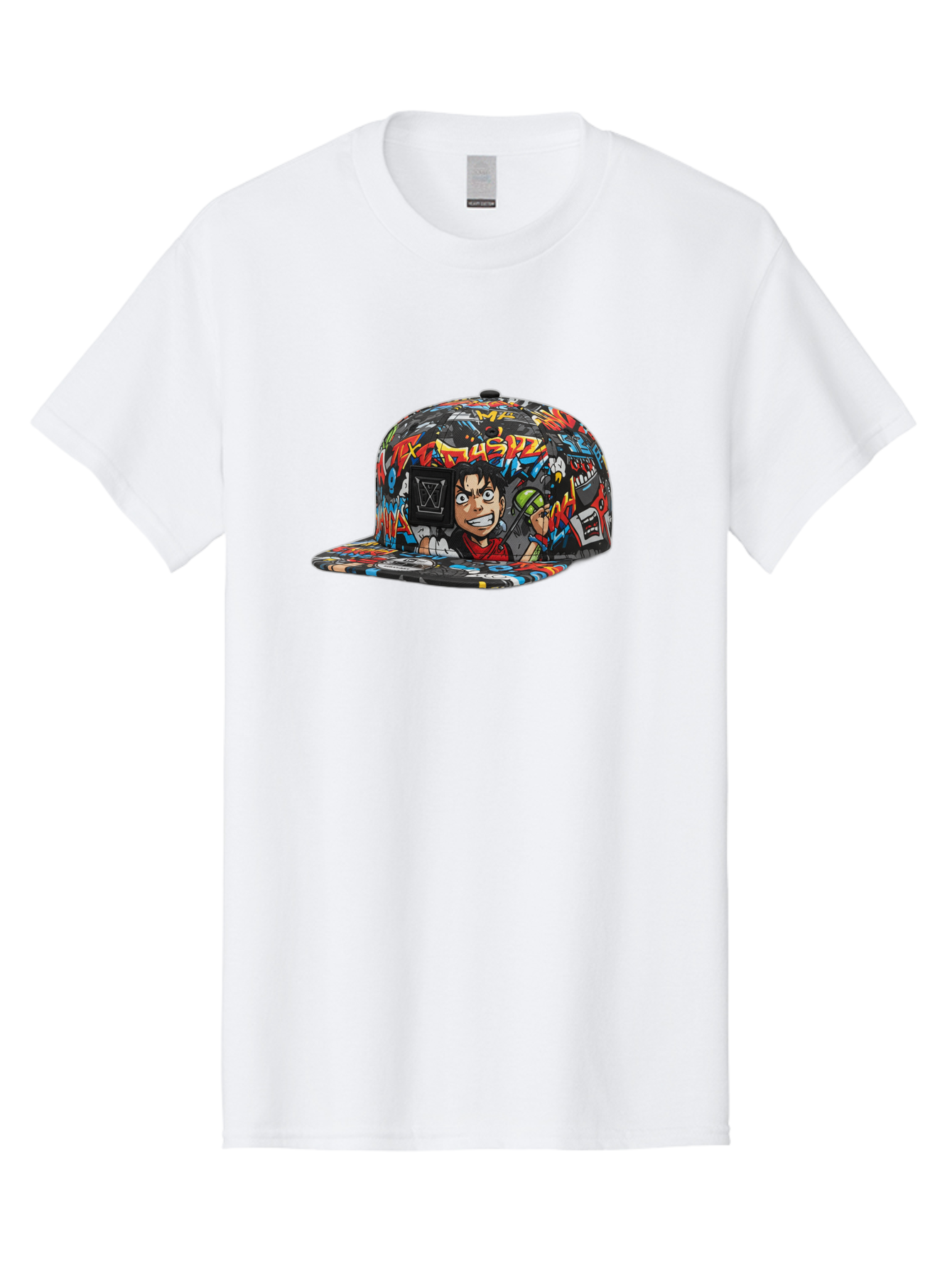Muz7-Baseball-Cap Men'S Graphic Tee, 100% Cotton, Comfortable Casual Summer Wear, Machine Washable, Graffiti Cap, Streetwear Fashion, Colorful Hat, Urban Style, Cartoon Character, Spray Paint Can, Vibrant Colors, Edgy Design, Trendy Accessory, Bad350