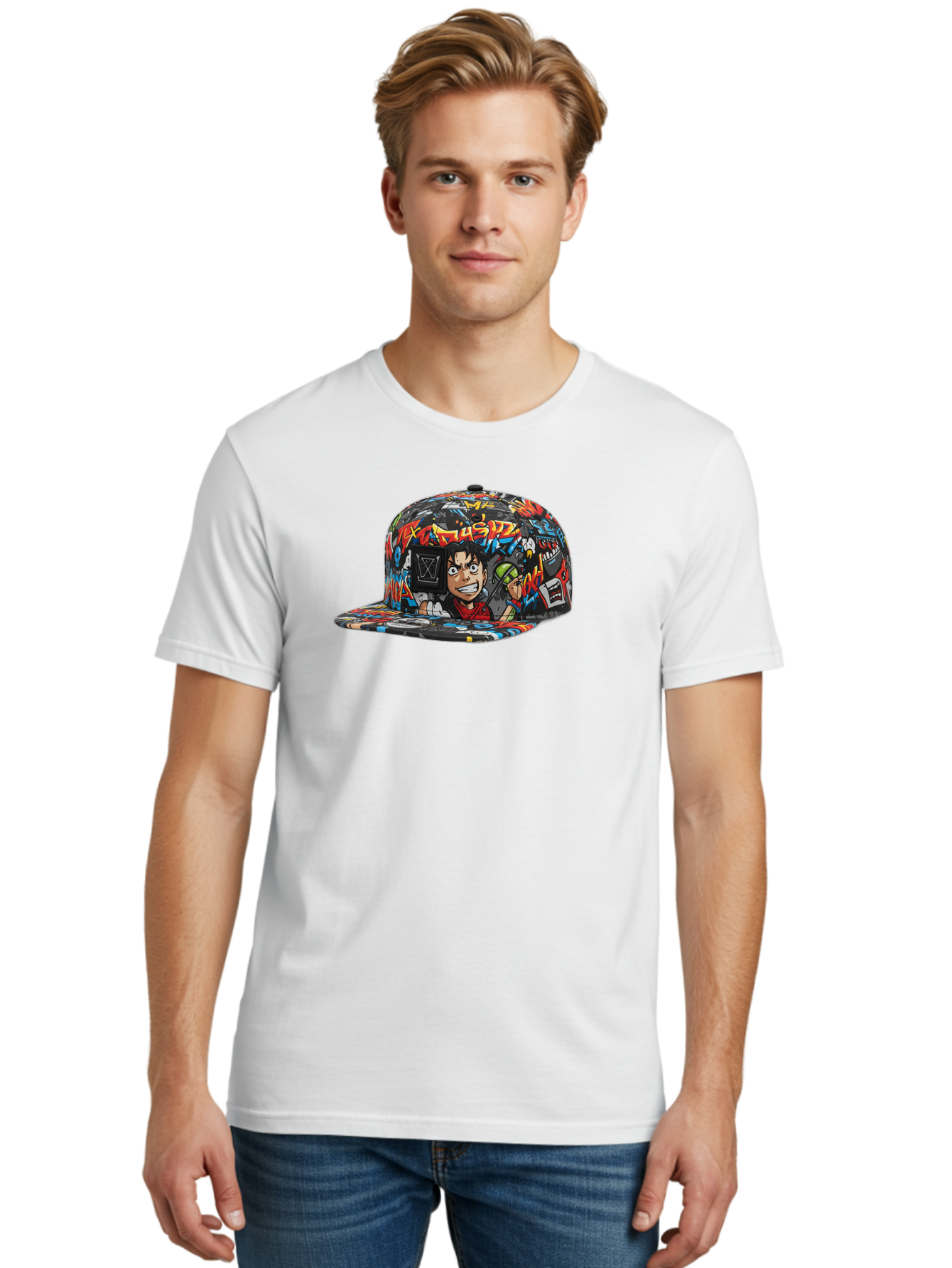 Muz7-Baseball-Cap Men'S Graphic Tee, 100% Cotton, Comfortable Casual Summer Wear, Machine Washable, Graffiti Cap, Streetwear Fashion, Colorful Hat, Urban Style, Cartoon Character, Spray Paint Can, Vibrant Colors, Edgy Design, Trendy Accessory, Bad350