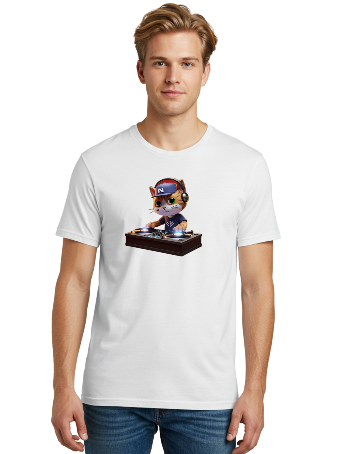 N-Dj-Cat Men'S Graphic Tee, 100% Cotton, Comfortable Casual Summer Wear, Machine Washable, Dj Cat, Cat Wearing Headphones, Mixing Music, Cat Djing, Electronic Dance Music, Edm, Cat In Hat, Dj Controller, Music Production, Fun, Trendy Bad351