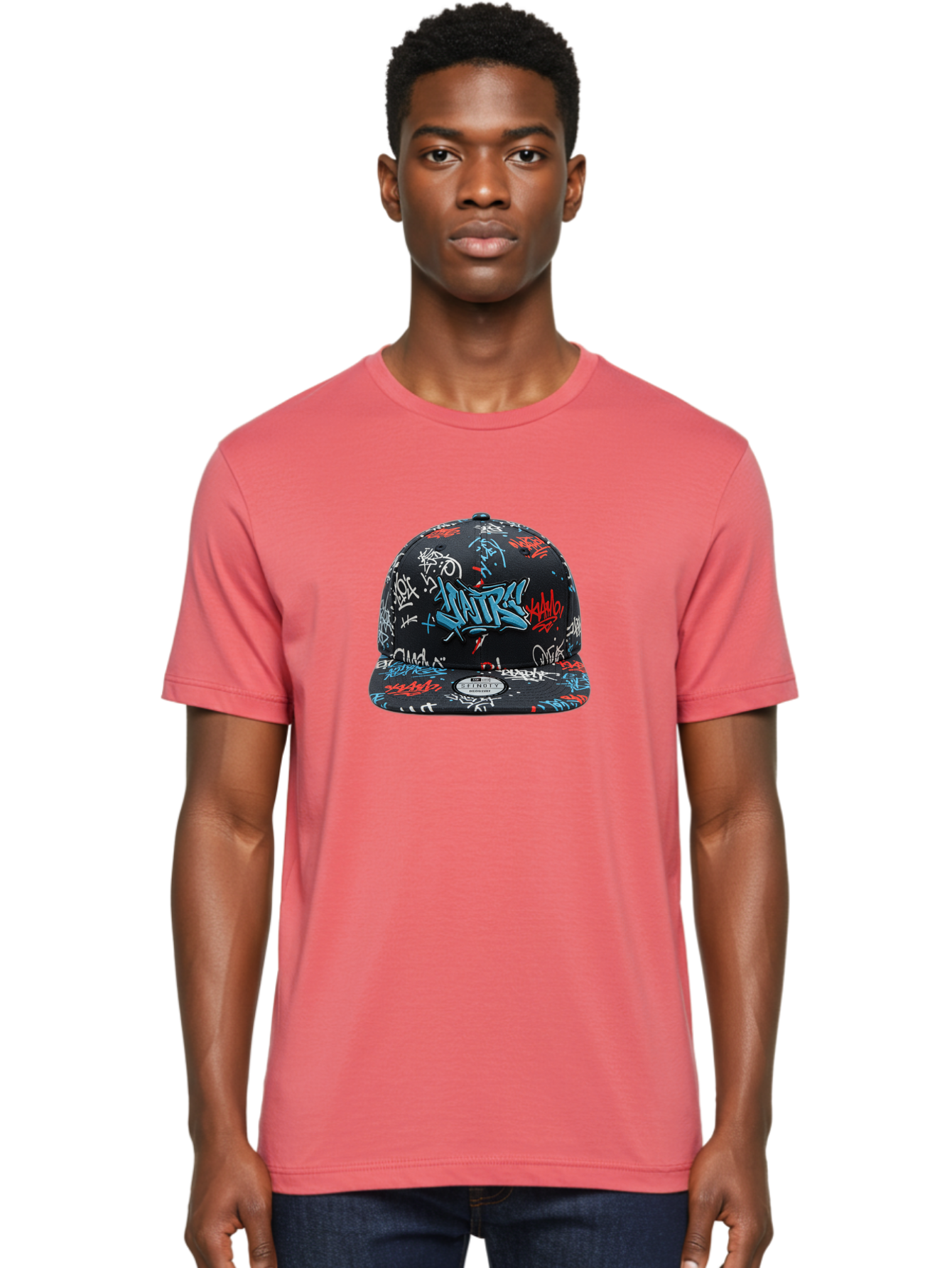 Natre-Baseball-Cap Men'S Graphic Tee, 100% Cotton, Comfortable Casual Summer Wear, Machine Washable, Graffiti Hat, Streetwear Fashion, Urban Style, Custom Hat, Baseball Cap, New Era 59Fifty, Natre Logo, Blue Red White Graffiti, Bad355