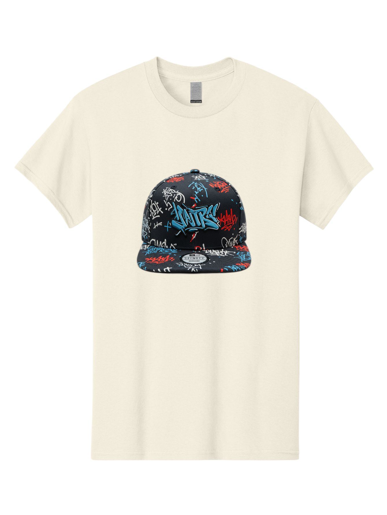 Natre-Baseball-Cap Men'S Graphic Tee, 100% Cotton, Comfortable Casual Summer Wear, Machine Washable, Graffiti Hat, Streetwear Fashion, Urban Style, Custom Hat, Baseball Cap, New Era 59Fifty, Natre Logo, Blue Red White Graffiti, Bad355
