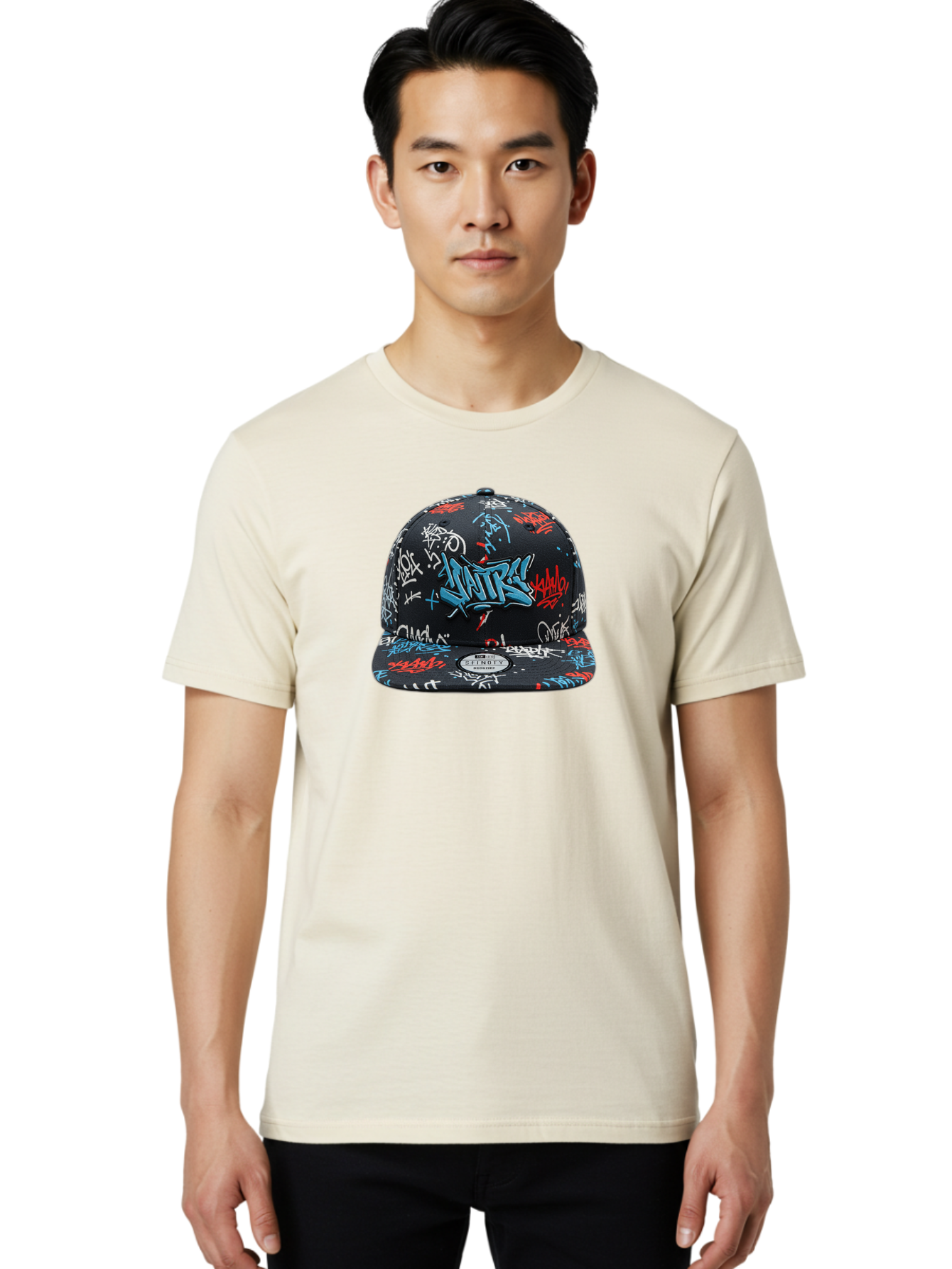 Natre-Baseball-Cap Men'S Graphic Tee, 100% Cotton, Comfortable Casual Summer Wear, Machine Washable, Graffiti Hat, Streetwear Fashion, Urban Style, Custom Hat, Baseball Cap, New Era 59Fifty, Natre Logo, Blue Red White Graffiti, Bad355