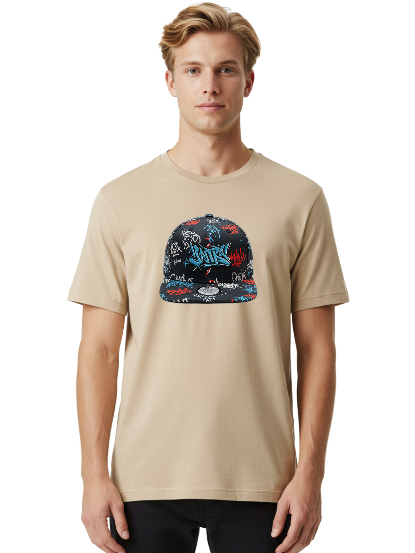 Natre-Baseball-Cap Men'S Graphic Tee, 100% Cotton, Comfortable Casual Summer Wear, Machine Washable, Graffiti Hat, Streetwear Fashion, Urban Style, Custom Hat, Baseball Cap, New Era 59Fifty, Natre Logo, Blue Red White Graffiti, Bad355
