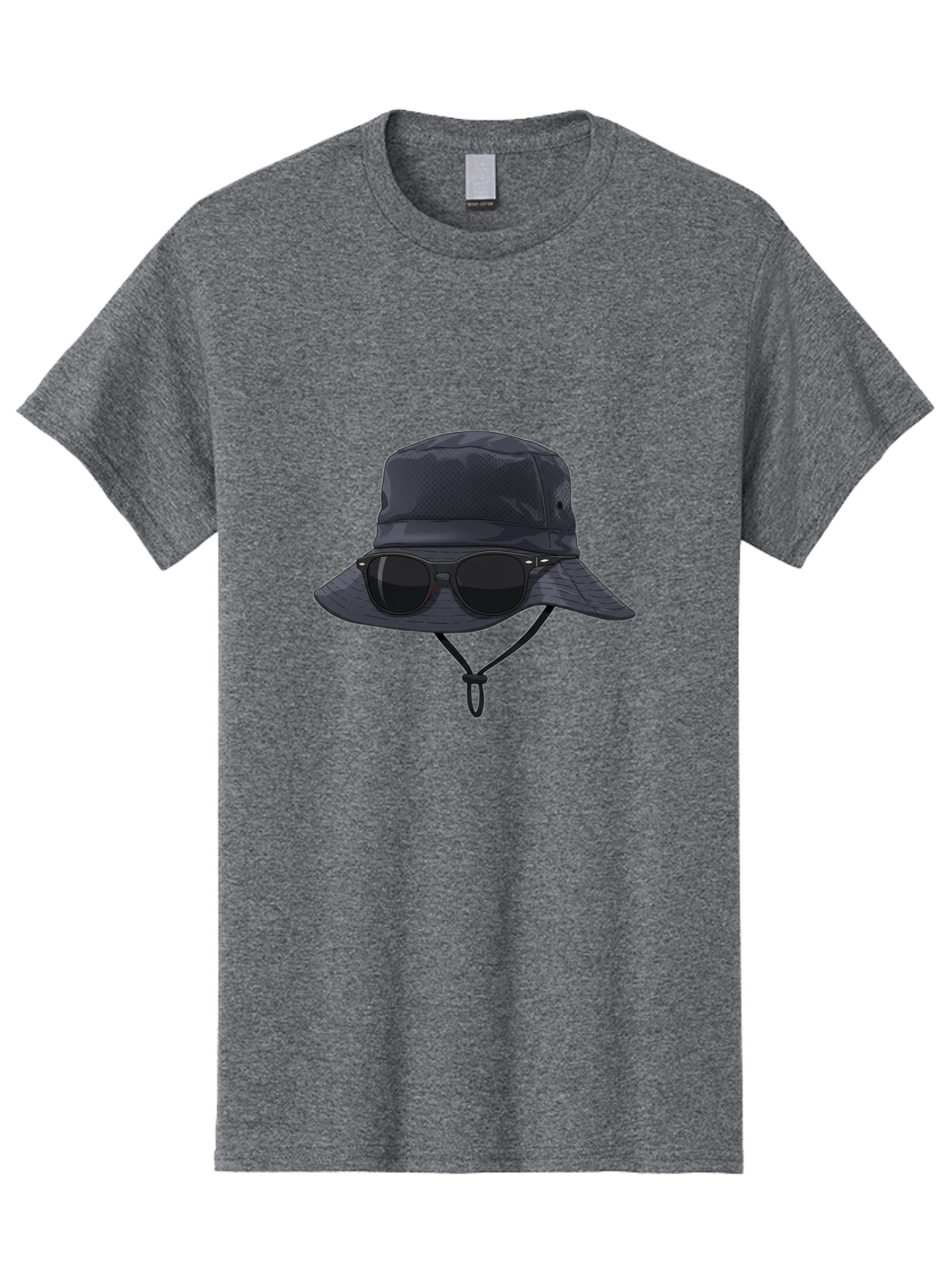 Navy-Blue-Hat-With-Sunglasses Men'S Graphic Tee, 100% Cotton, Comfortable Casual Summer Wear, Machine Washable, Bucket Hat, Black Sunglasses, Outdoor Fashion, Sun Protection, Stylish Accessories, Trendy Apparel, Travel Gear, Outdoor Enthusiast Bad357