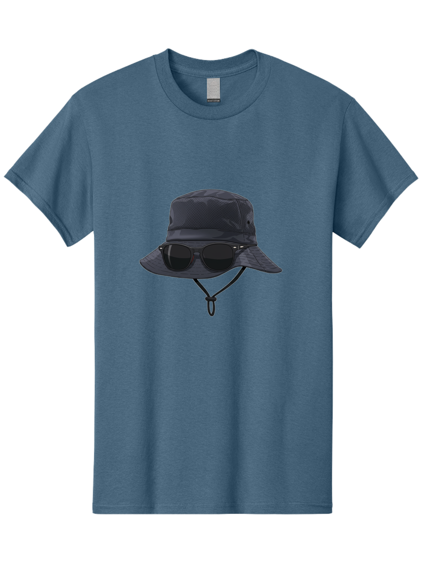 Navy-Blue-Hat-With-Sunglasses Men'S Graphic Tee, 100% Cotton, Comfortable Casual Summer Wear, Machine Washable, Bucket Hat, Black Sunglasses, Outdoor Fashion, Sun Protection, Stylish Accessories, Trendy Apparel, Travel Gear, Outdoor Enthusiast Bad357