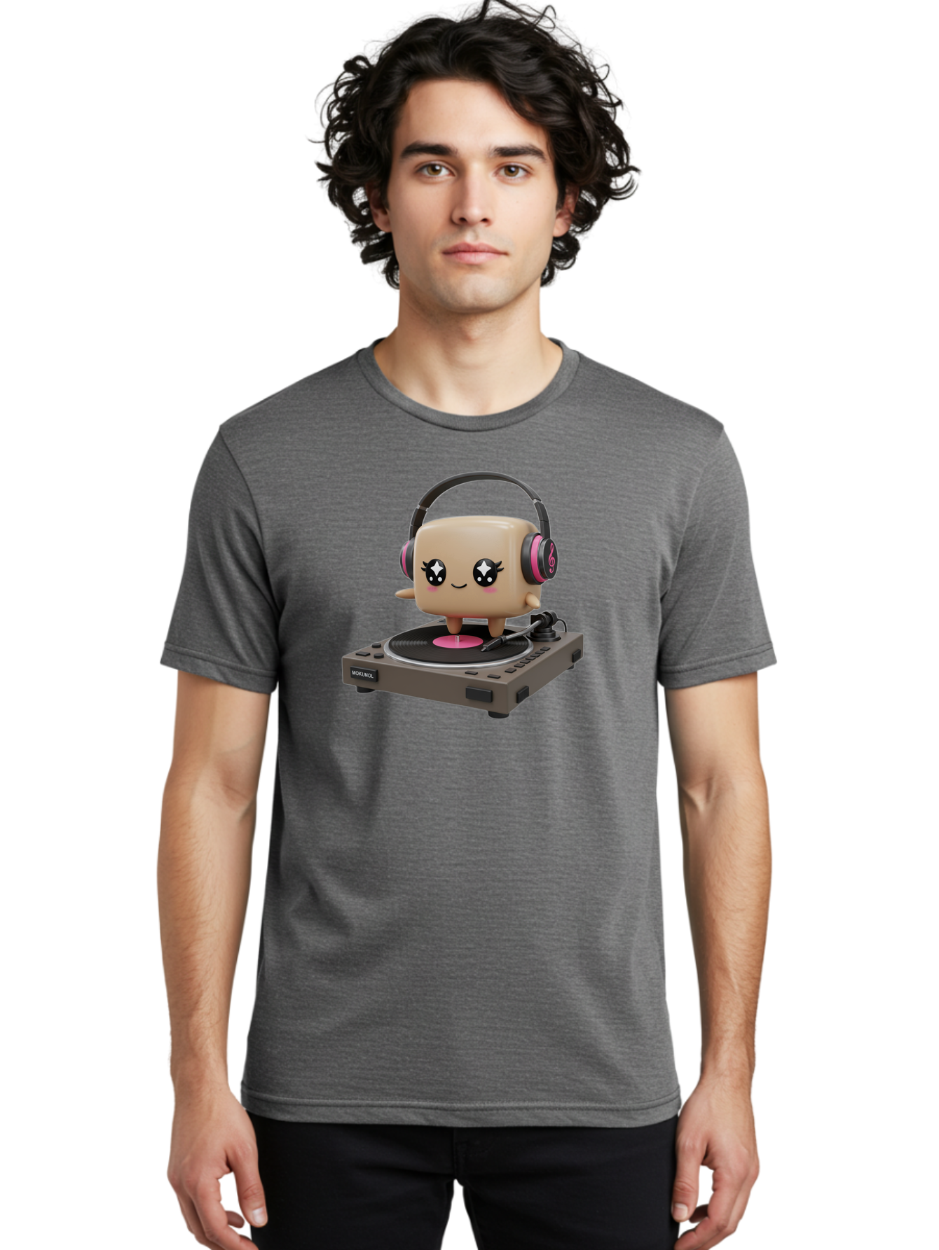 Nendoroid-Dj Men'S Graphic Tee, 100% Cotton, Comfortable Casual Summer Wear, Machine Washable, Vinyl Record Player, Kawaii Character, Robot Dj, Morikoki Brand, Cute Illustration, Pop Culture, Music Lover, Dj Equipment, Retro Style, Fun Design Bad359